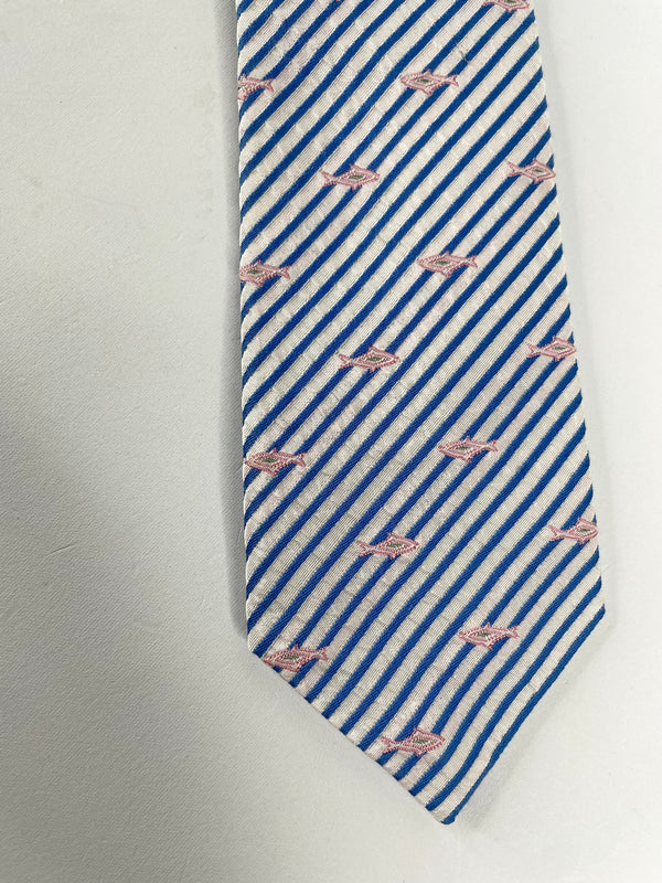 Kenzo Blue & White Striped Fish Motif Silk-Blend Tie