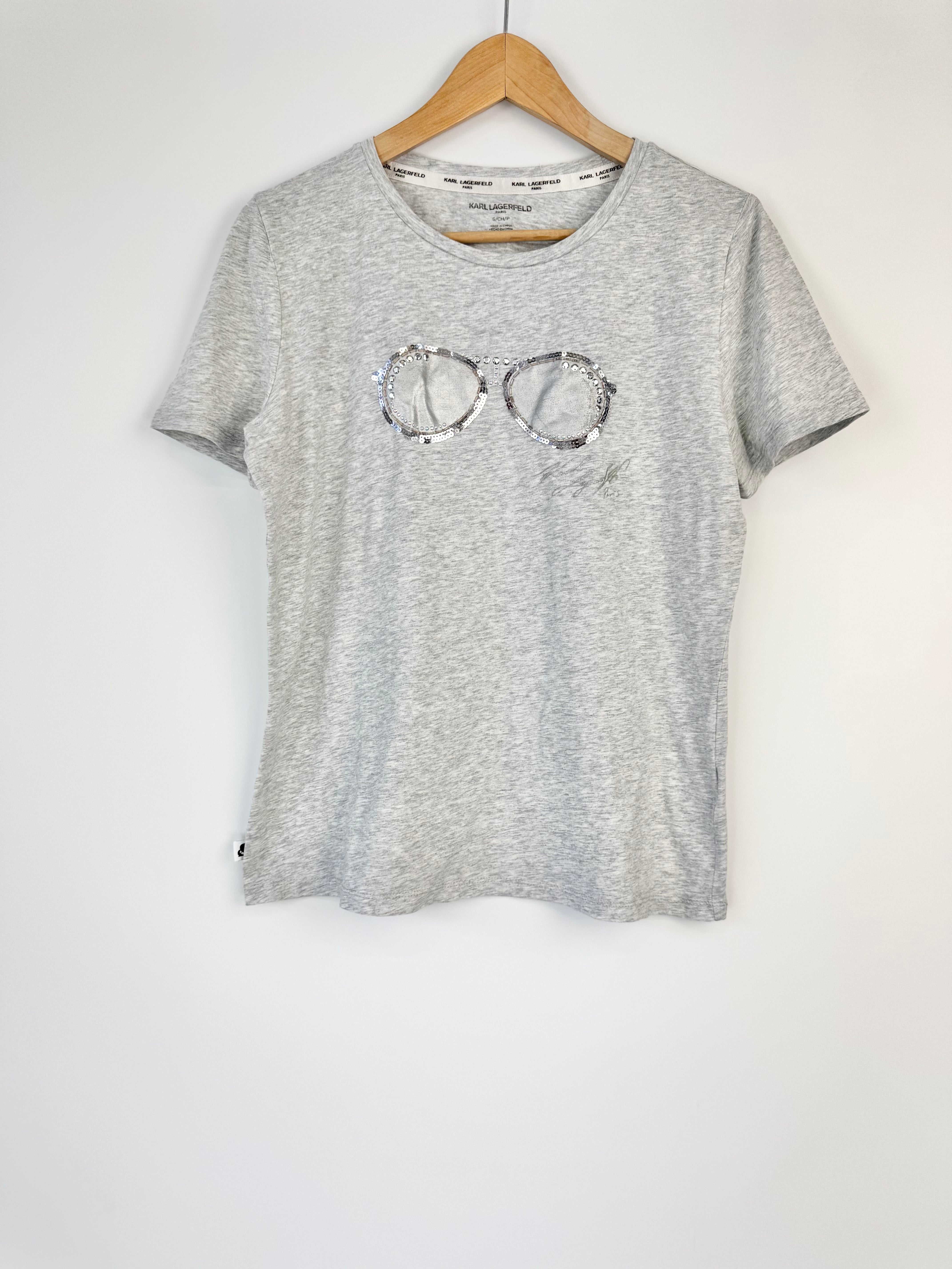 Karl Lagerfeld Grey Sunglasses Embellished Stretchy T-Shirt - AU8/10