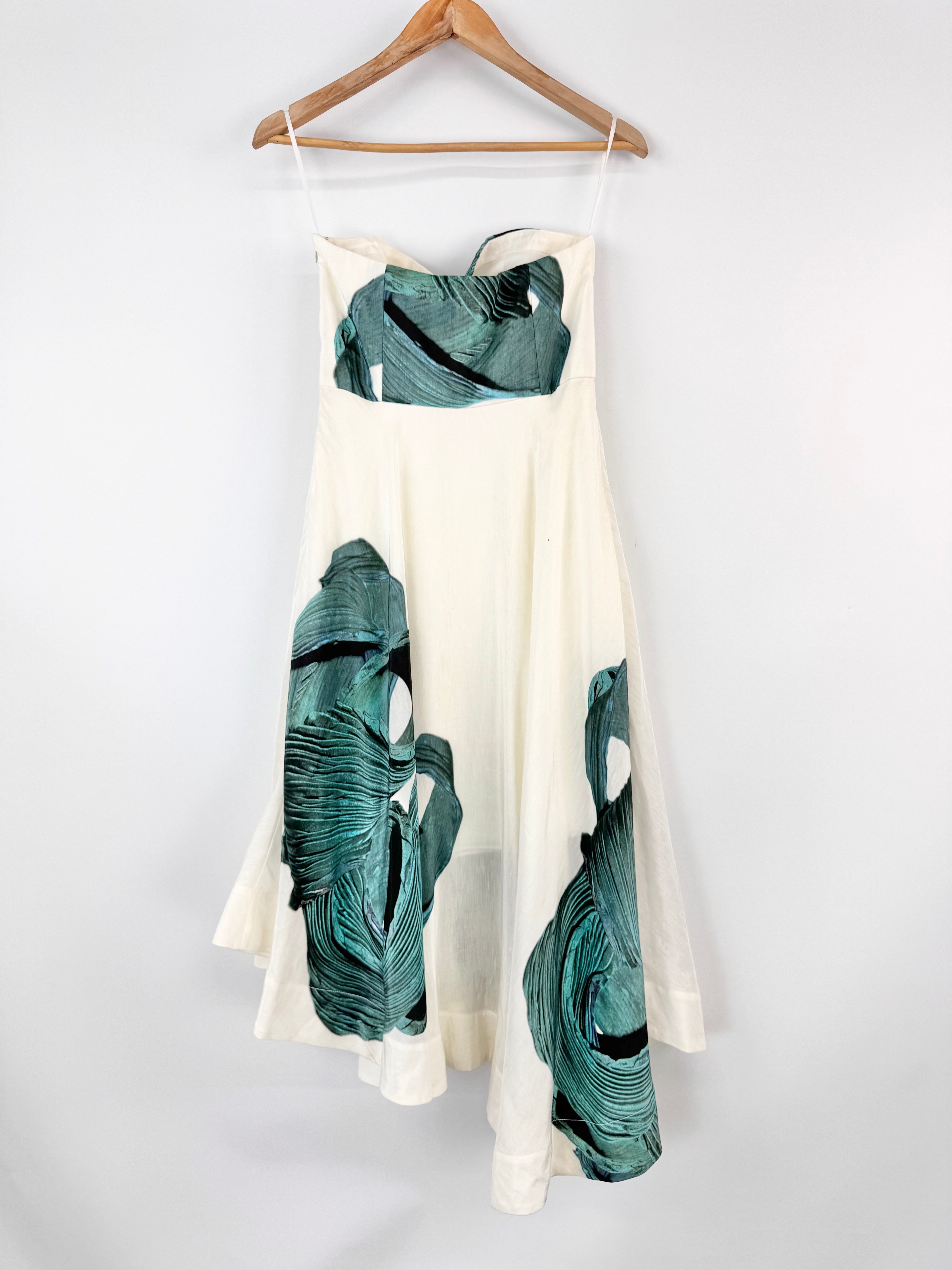 Tibi Off White and Holographic Teal Patterned Strapless Dress - AU6