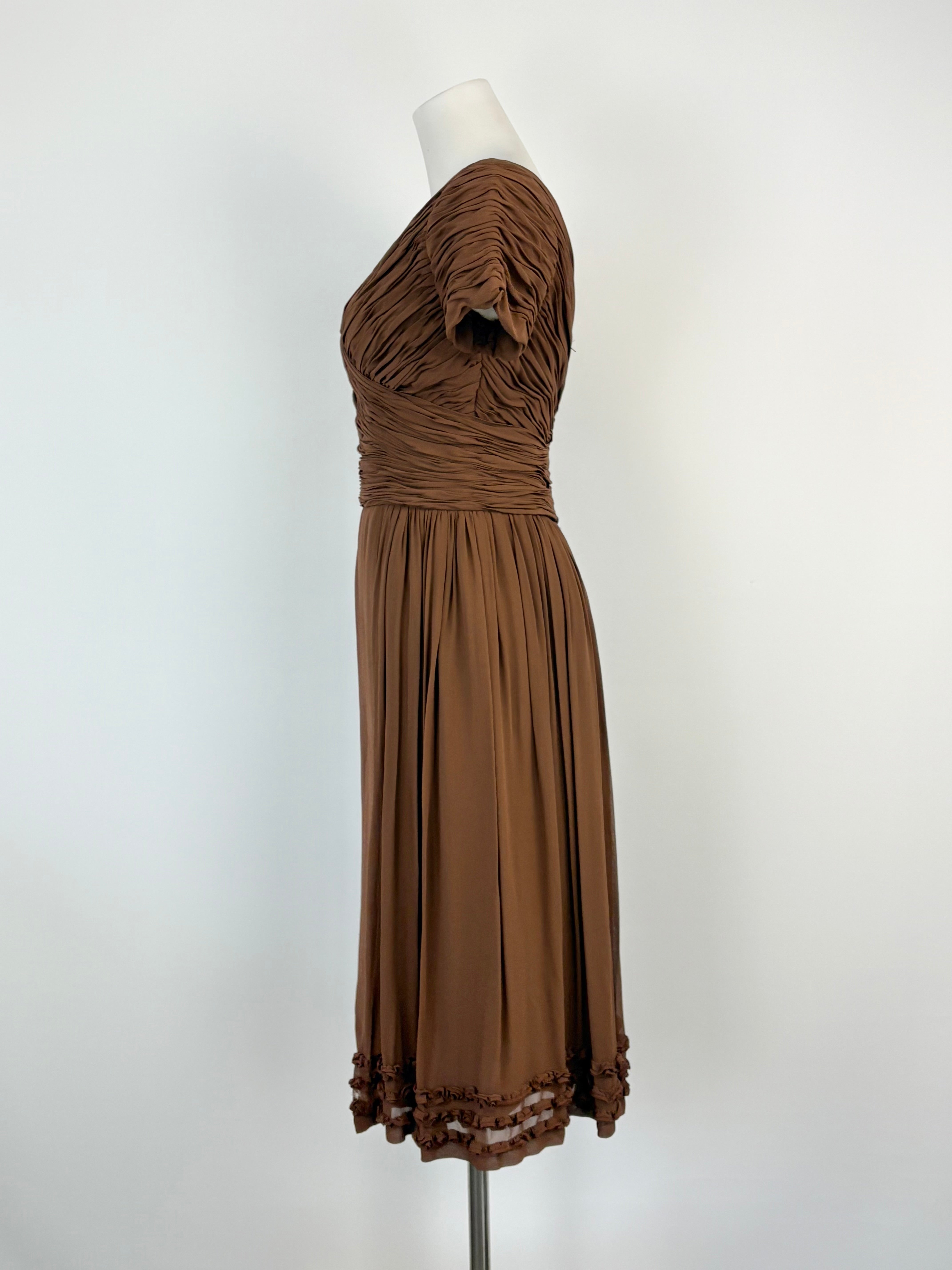 Vintage Chocolate Brown Ruffled Midi Short Sleeve Dress - AU8