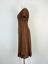 Vintage Chocolate Brown Ruffled Midi Short Sleeve Dress - AU8