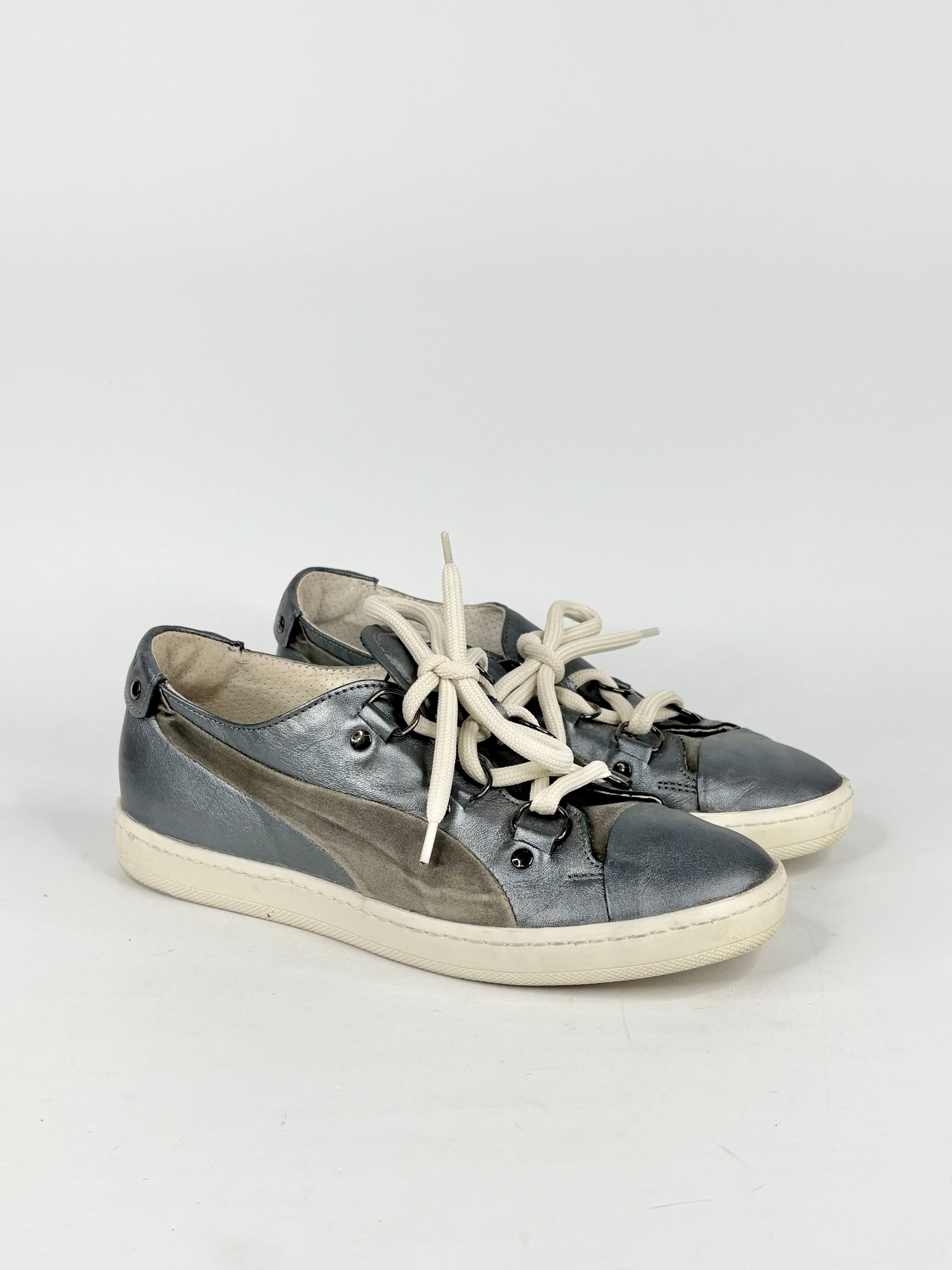 Alexander McQueen x Puma Metallic Gunmetal Grey Leather Sneakers - EU37