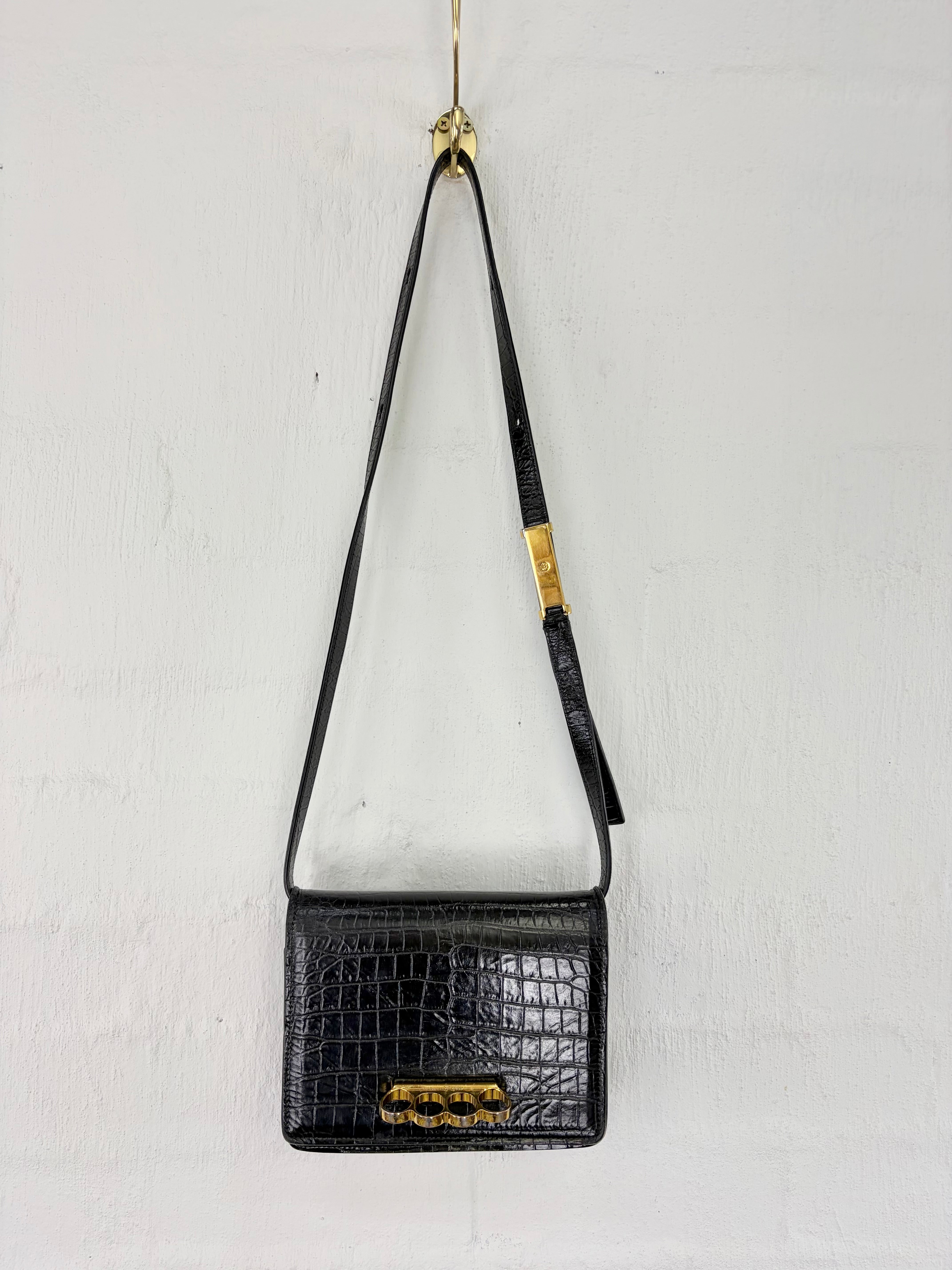 Alexander McQueen Black Croc Embossed 4 Ring Satchel