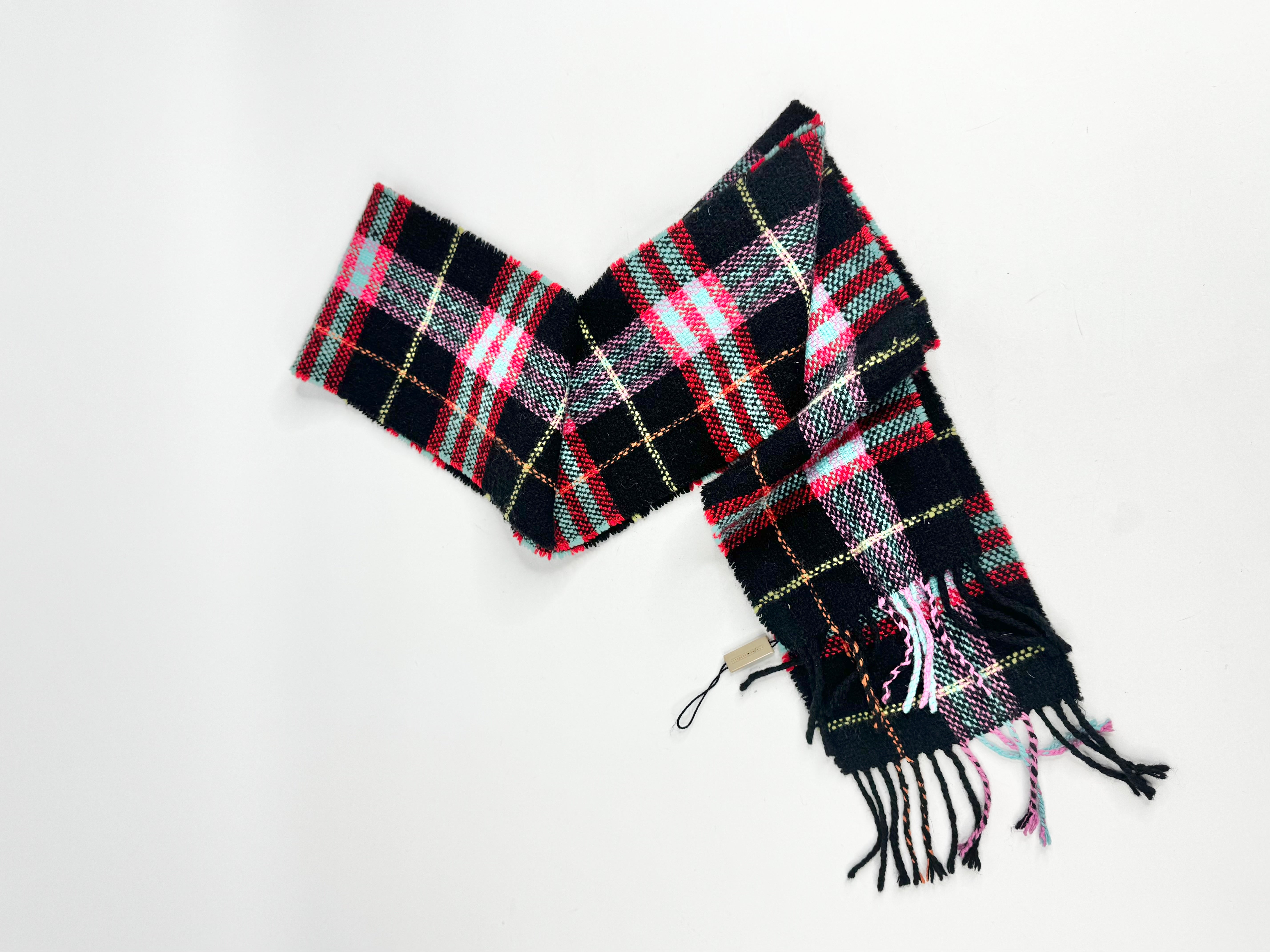 Burberry London Black, Pink, Red & Blue Plaid Angora Blend Woven Scarf