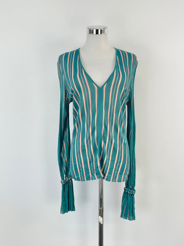 Diane von Furstenberg Teal & Salmon Striped Sheer Top - AU10