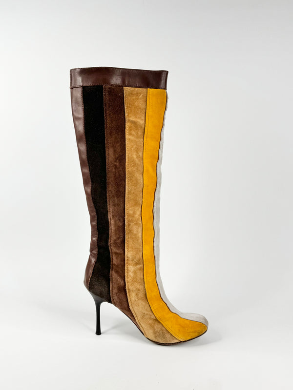 Miss Sixty Gold & Brown Suede Strip Knee Hight Boots - EU39