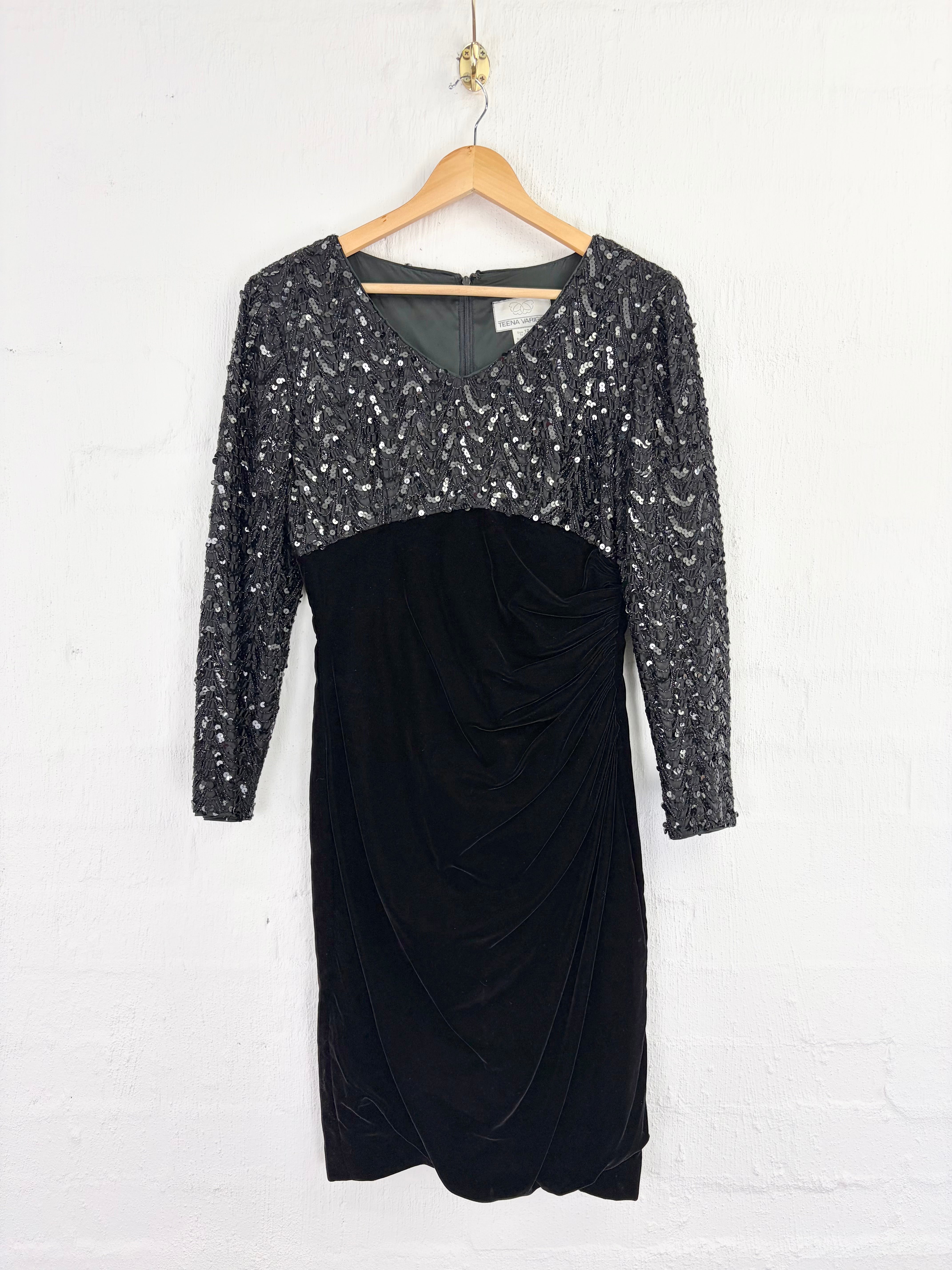 Teena Varigos Black Sequin & Velvet Cocktail Dress - AU12