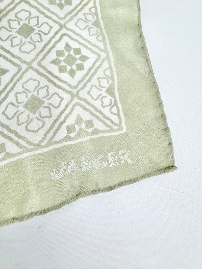 Vintage Jaeger Made Hand Rolled Long Cream & Green Silk Scarf