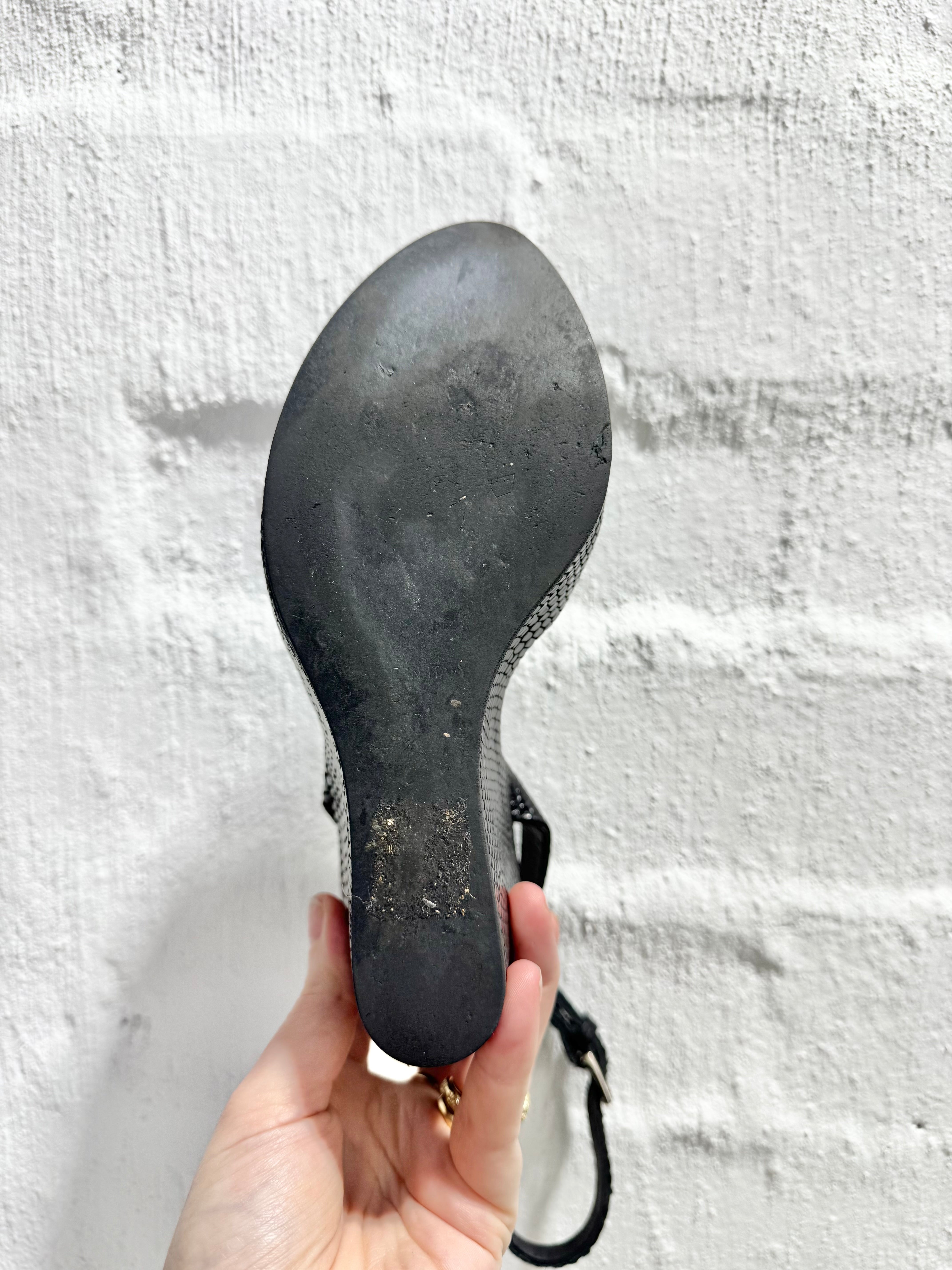 Bianca Buccheri Black Reptile Embossed Peep Toe Wedges - EU37