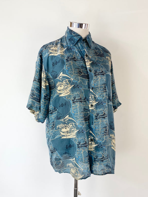 Vintage B Bruno Blue Silk Hawaiian Shirt - L