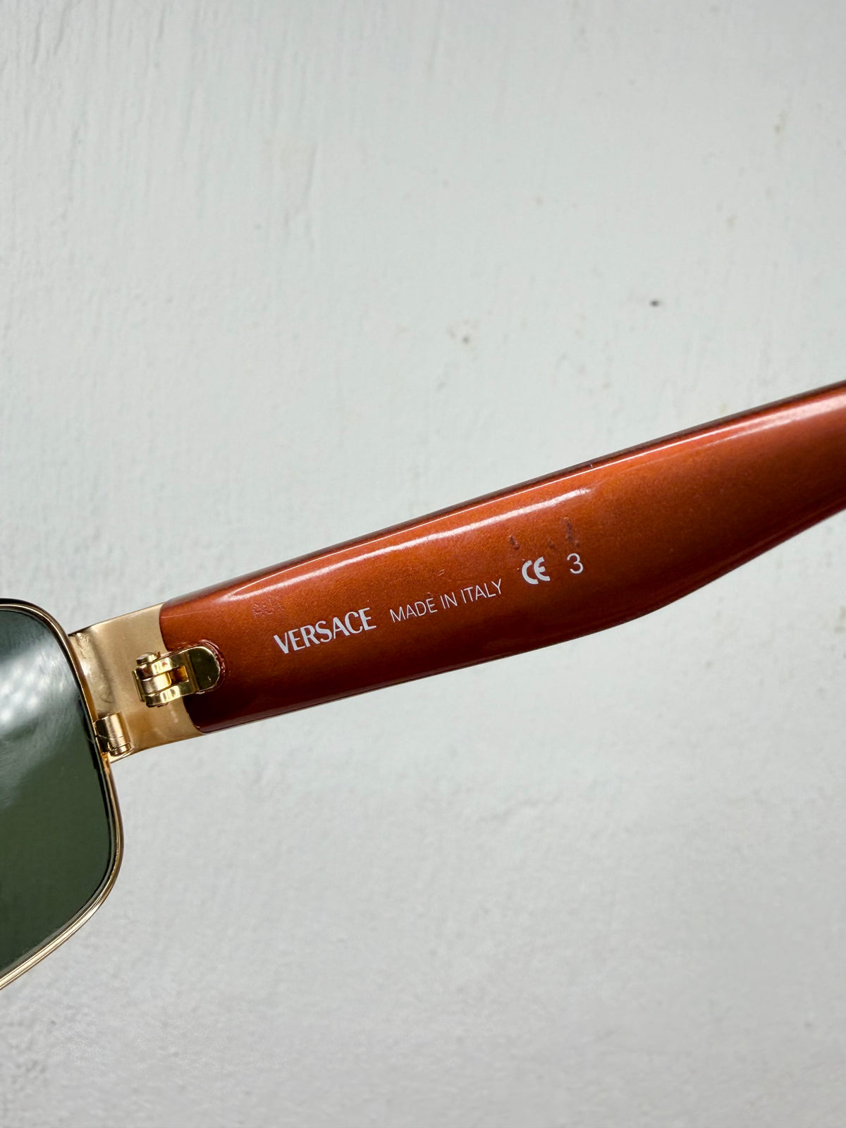 Vintage Versace Gold & Amber Meander Patterned Rectangle Square Sunglasses