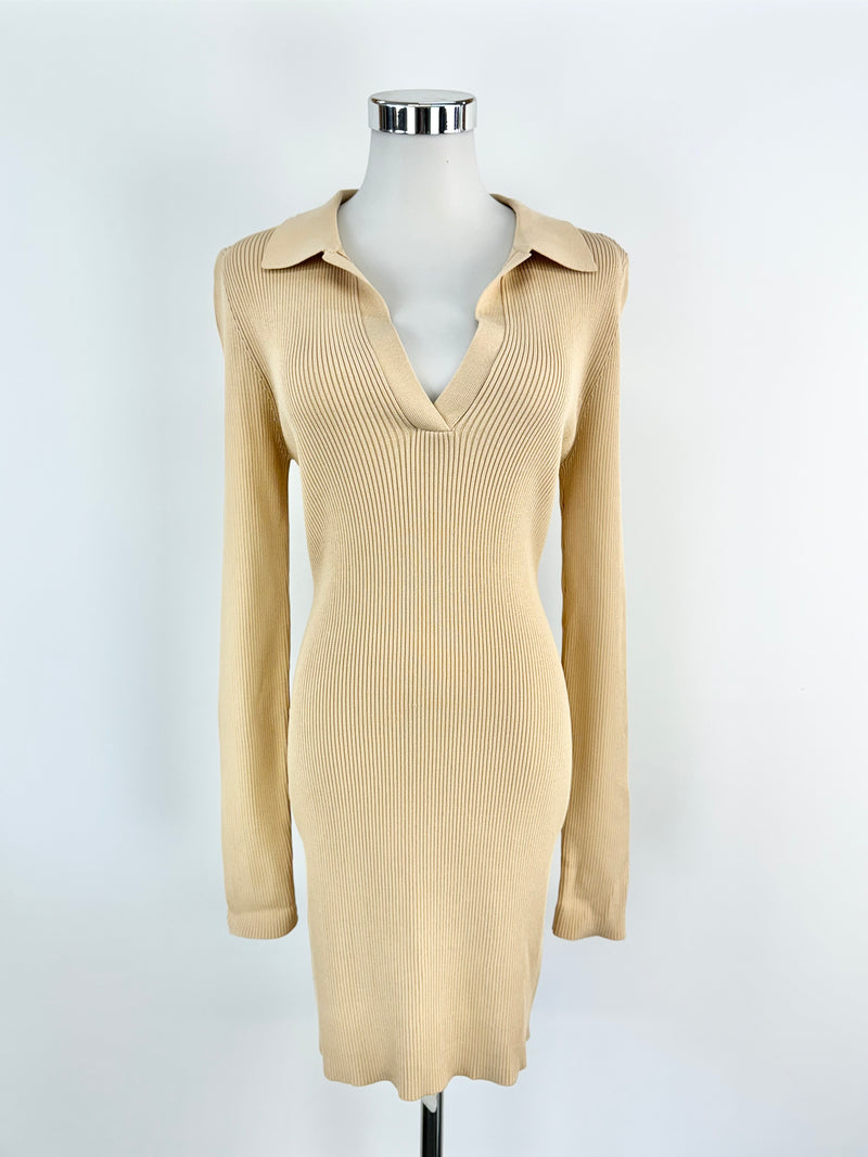 Bec + Bridge Beige Rib Knit Long Sleeve Body Con Dress - AU14