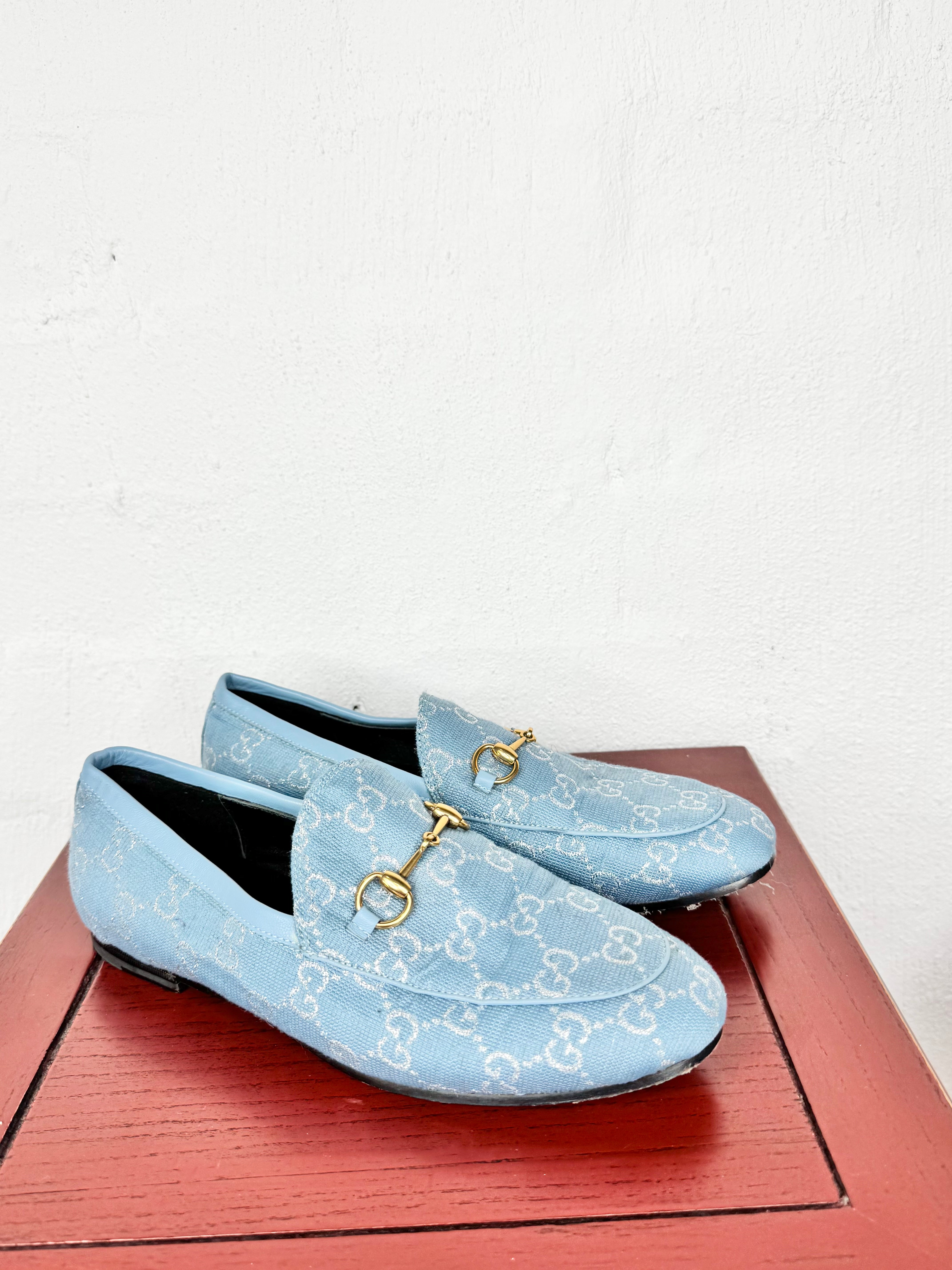 Gucci Blue & Silver Lame GG Jordaan Loafers - EU38