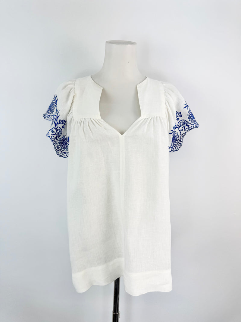 Arlington Milne White Linen Embroidered Blouse - AU6