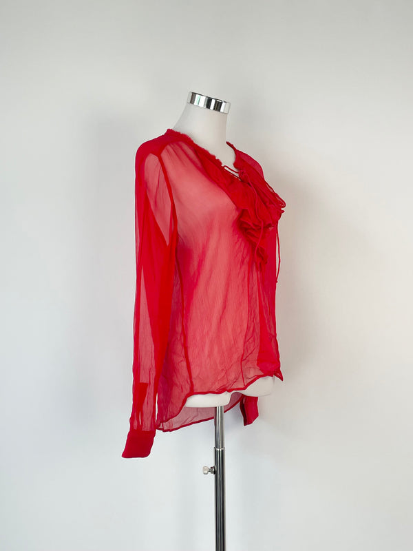 The Kooples Sheer Silk Red Ruffled Blouse - AU8