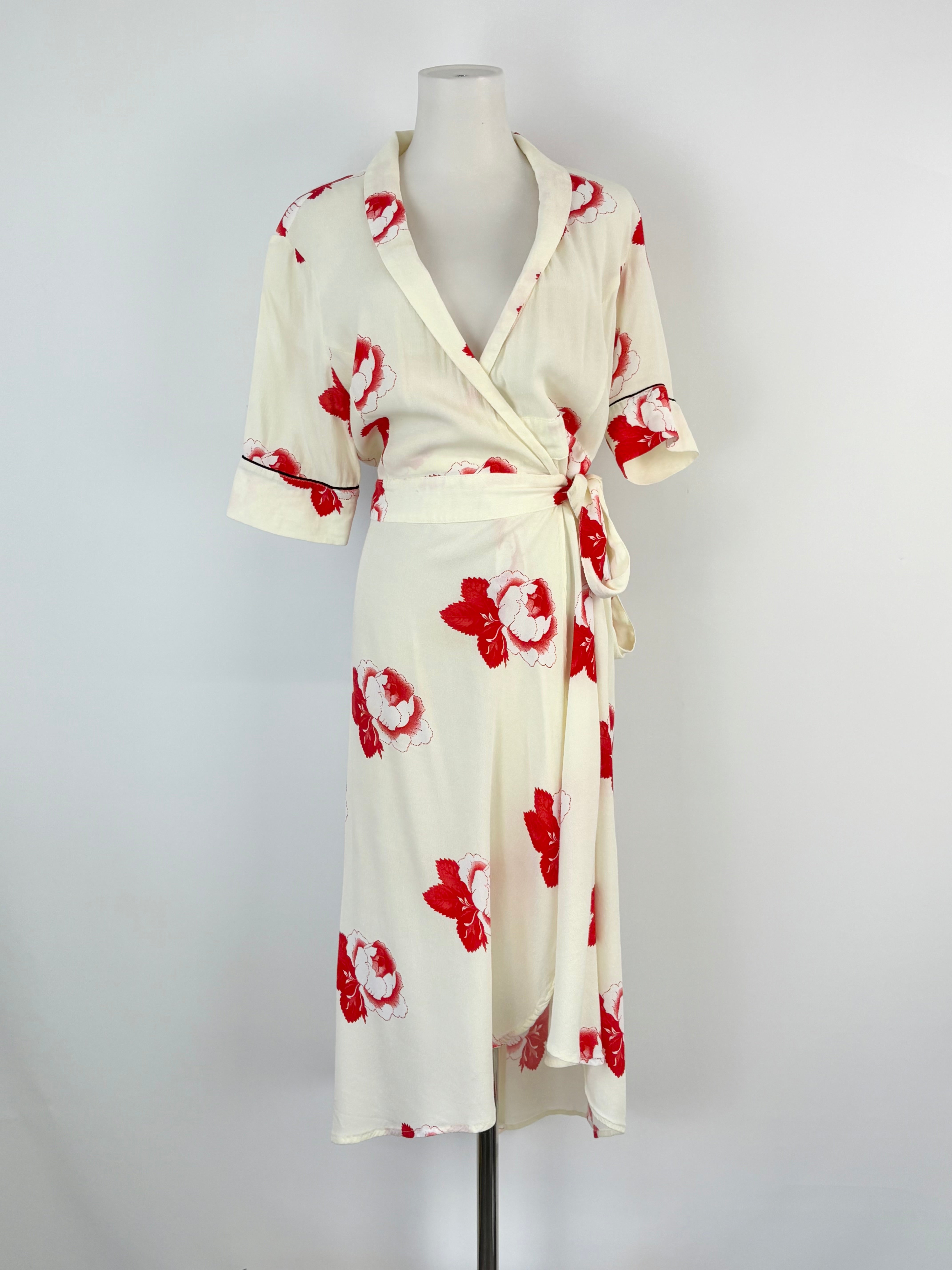 Ganni 'Harley' Crepe Cream & Red Floral Wrap Dress - AU8