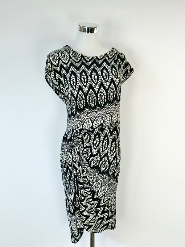 Thakoon Black & Cream Patterned Silk Gathered Midi Dress - AU8/10