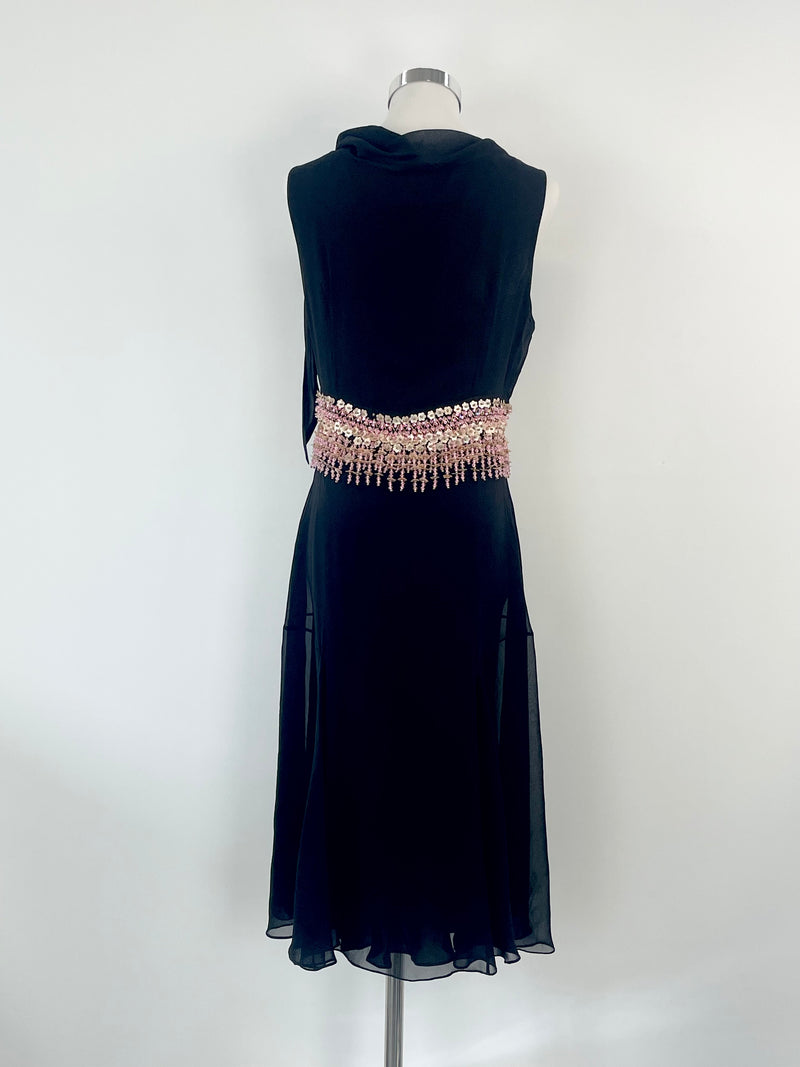 Colette Dinnigan Black Silk Glass-Beaded Midi Dress - AU10