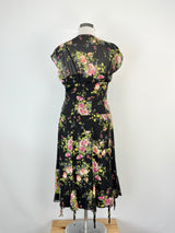 Vintage 90s Studibaker Black Floral Ruched & Pleated Midi Dress - AU10/12