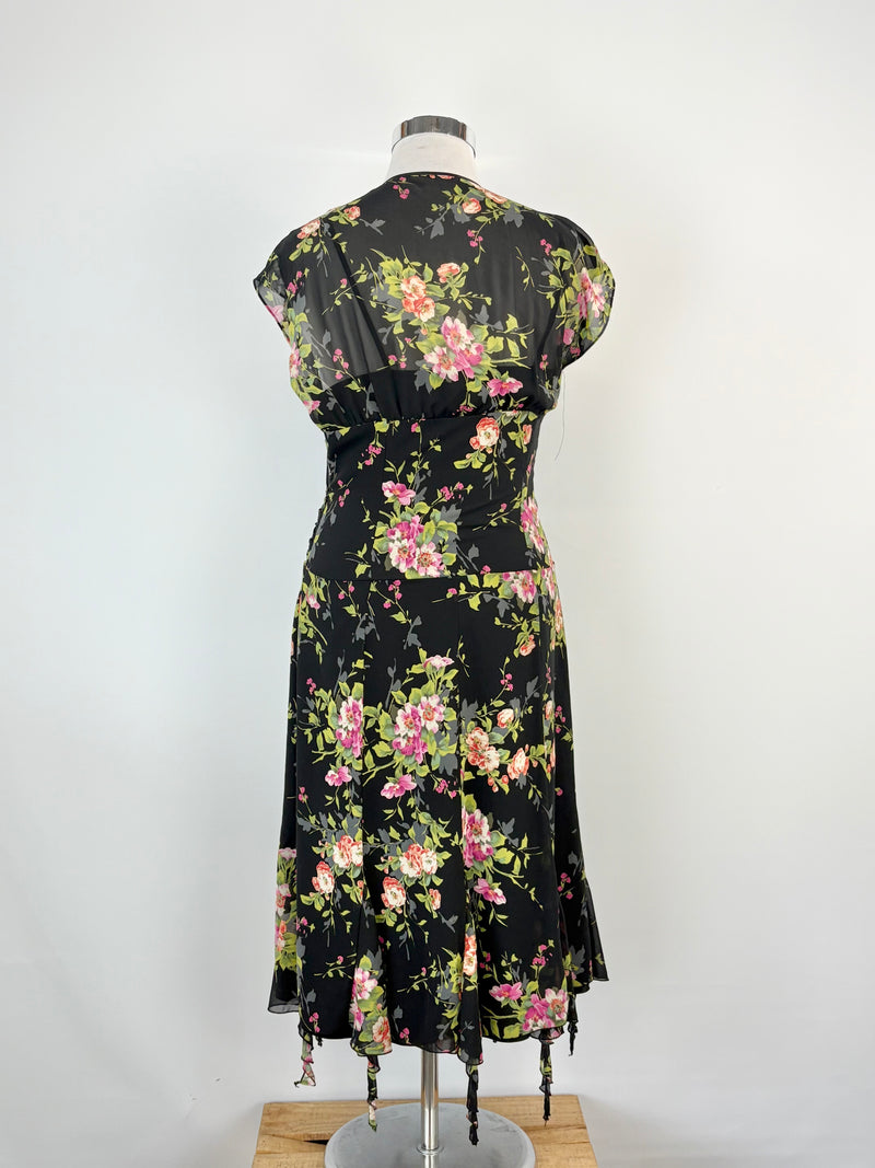 Vintage 90s Studibaker Black Floral Ruched & Pleated Midi Dress - AU10/12