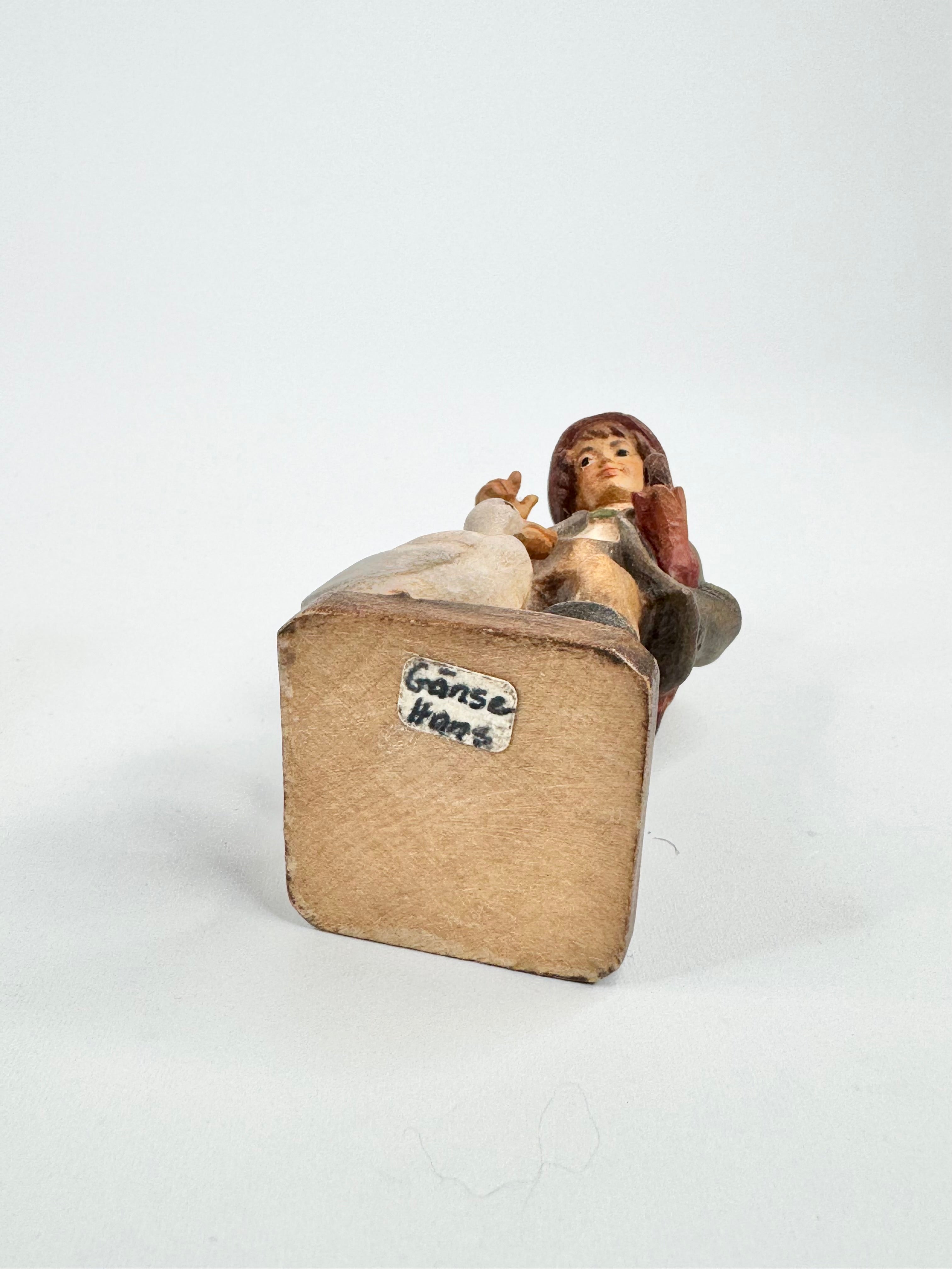 Vintage Carved Boy & Goose Wooden Figurine