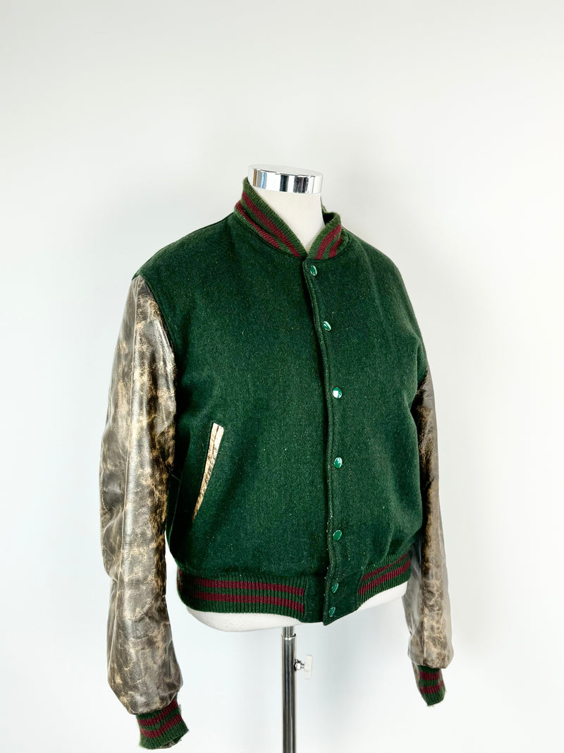 Vintage 80s Hudson Green & Brown Wool & Leather Bomber Jacket - L