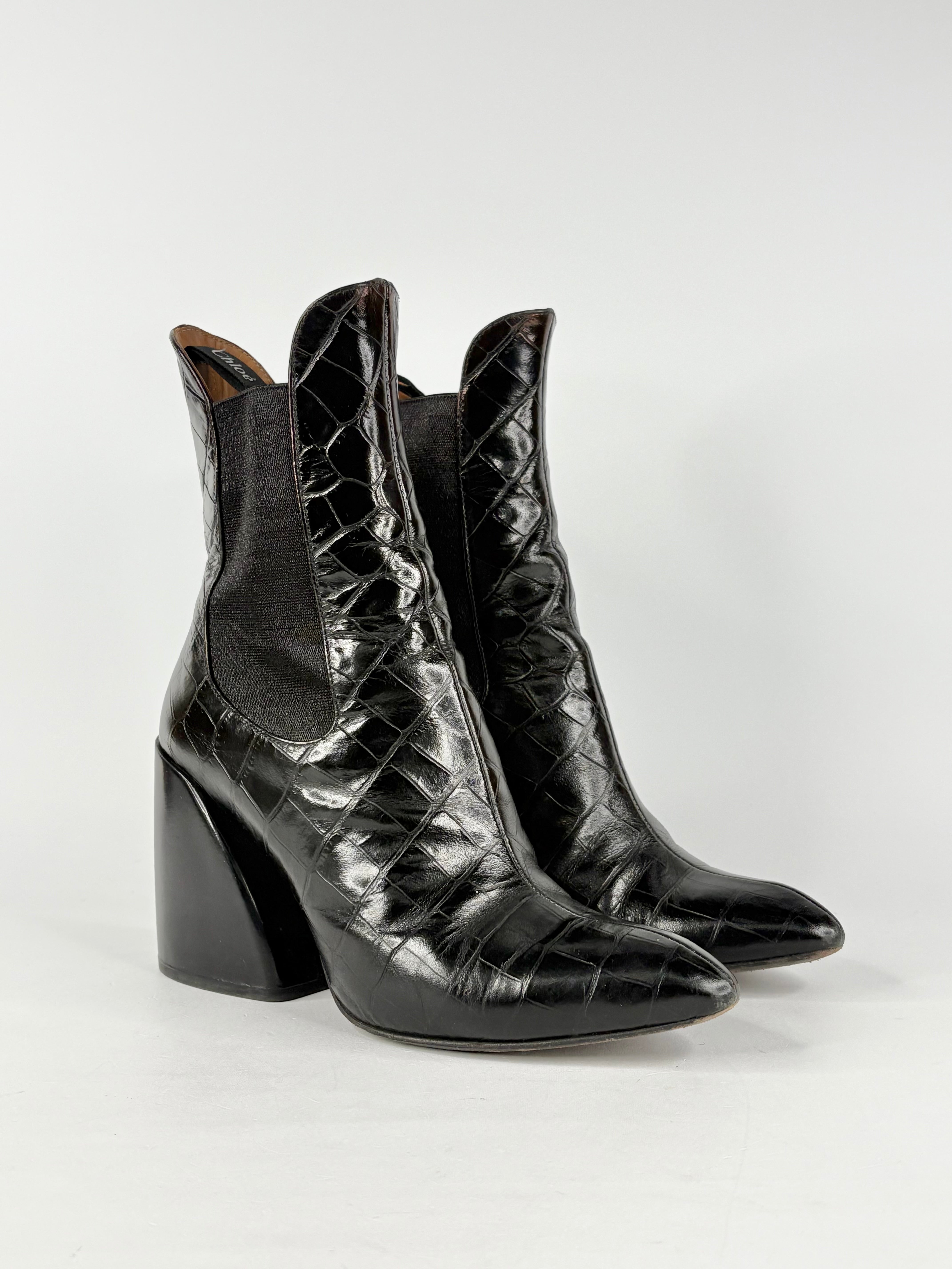 Chloé Black Leather Croc-Embossed Wave Boots - EU37.5