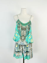 Camilla Aqua Geometric Silk Playsuit - AU10