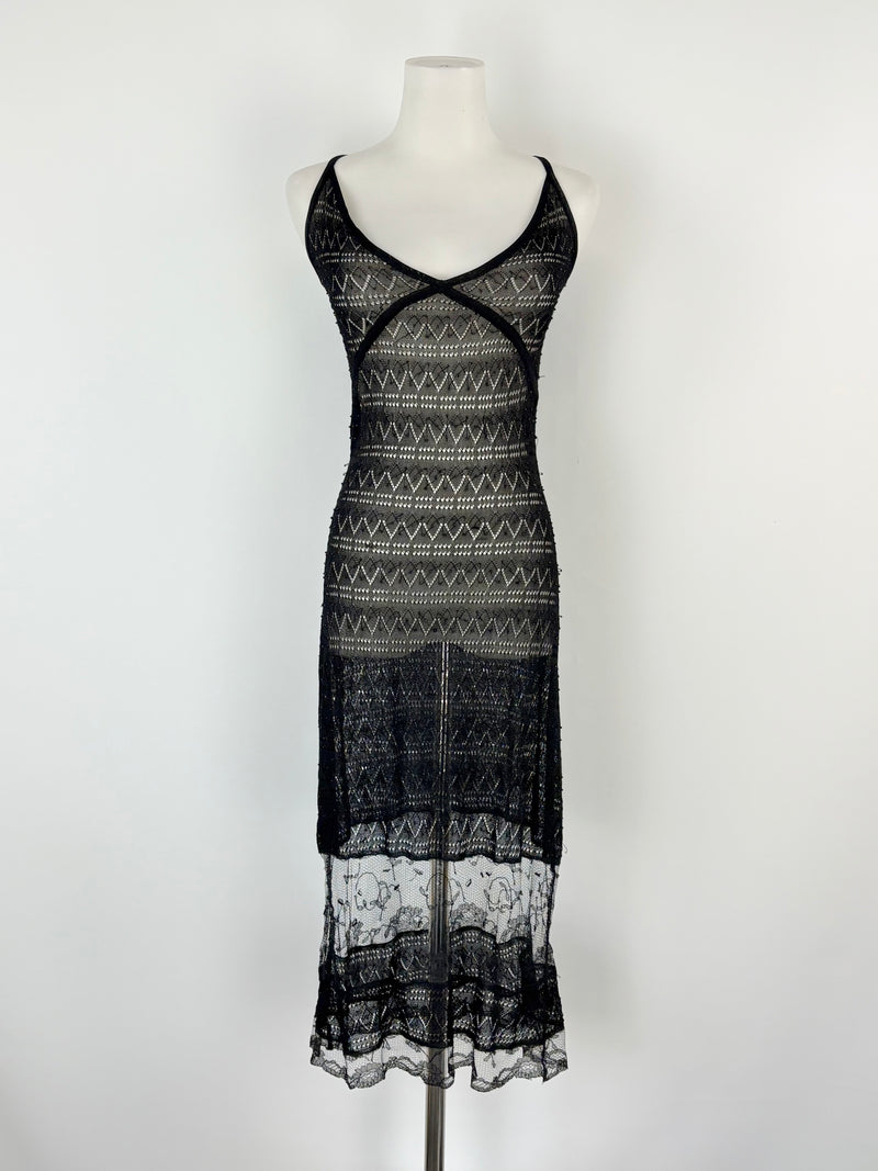 Collette Dinnigan Black Sheer-Lace Slip Dress - AU10/12