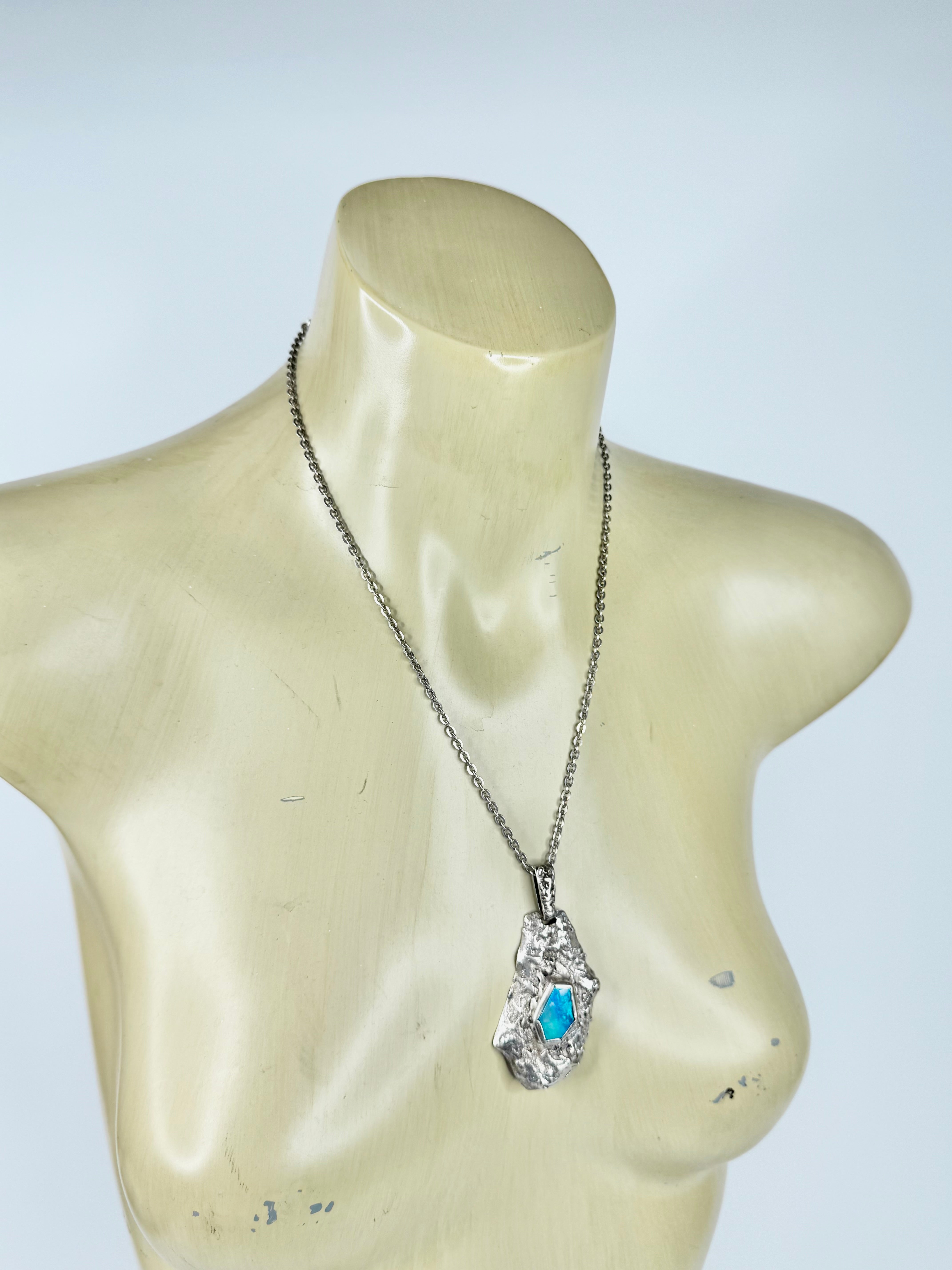 Hand Crafted Opal & Silver Textured Pendant & Chain