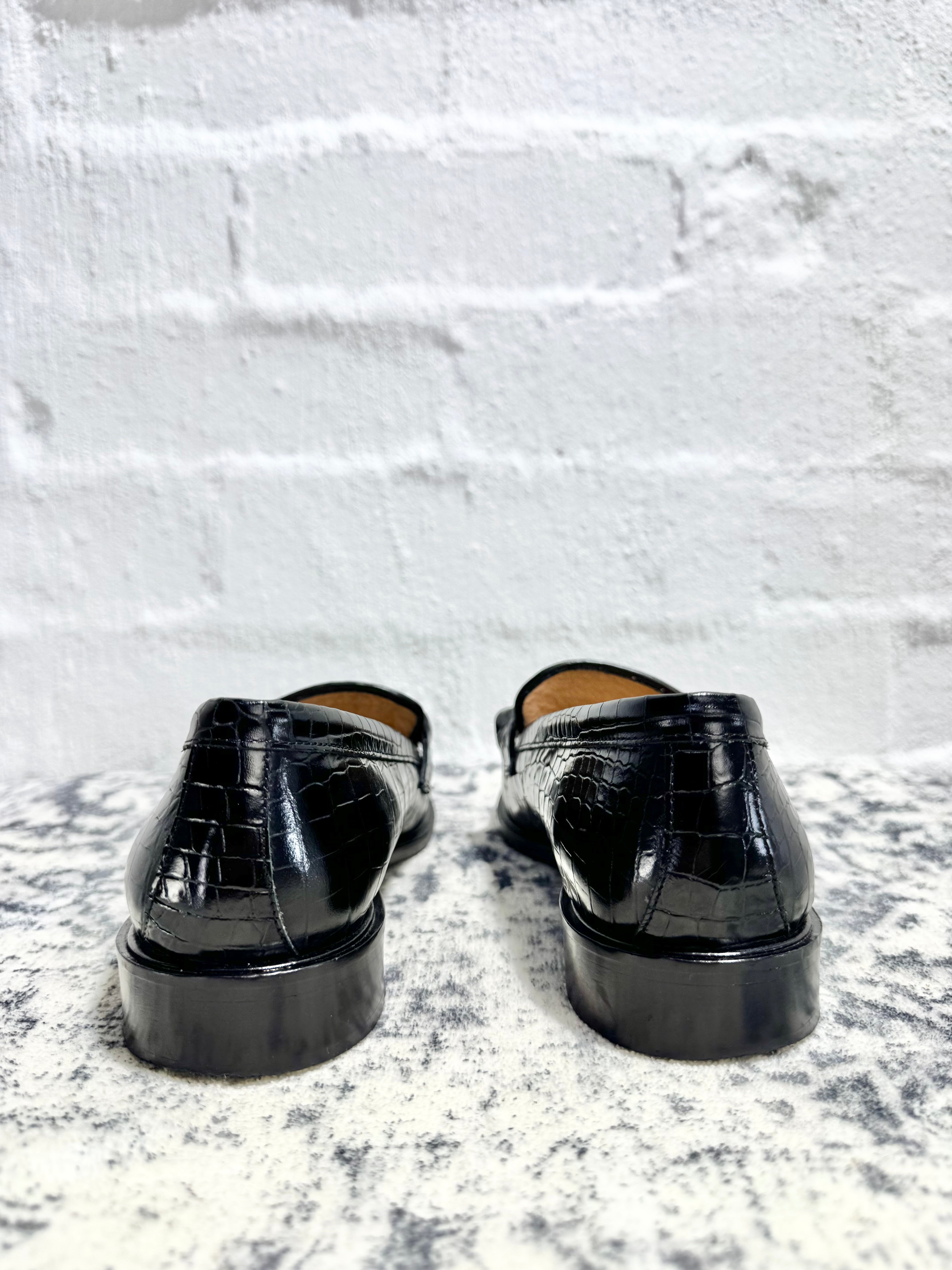 Husk Black Croc Embossed Gold Chain Loafers - EU37