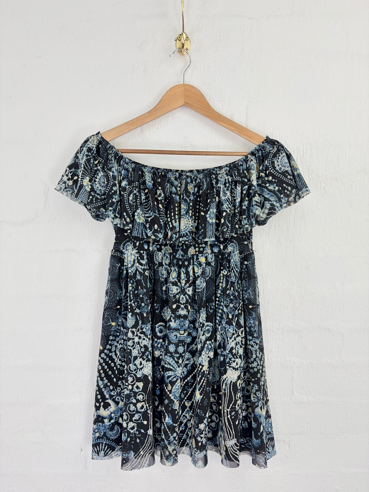 Jean Paul Gaultier Soleil Black & Blue Floral Patterned Off Shoulder Mini Dress - AU10/12