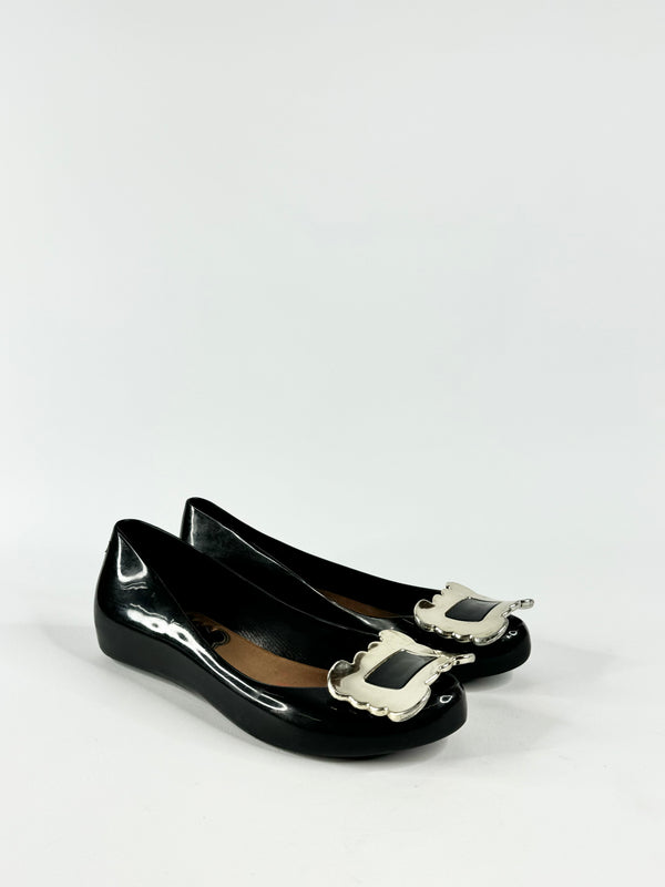 Vivienne Westwood x Melissa Black Silver Buckle Peep Toe Ballet Flats - EU38