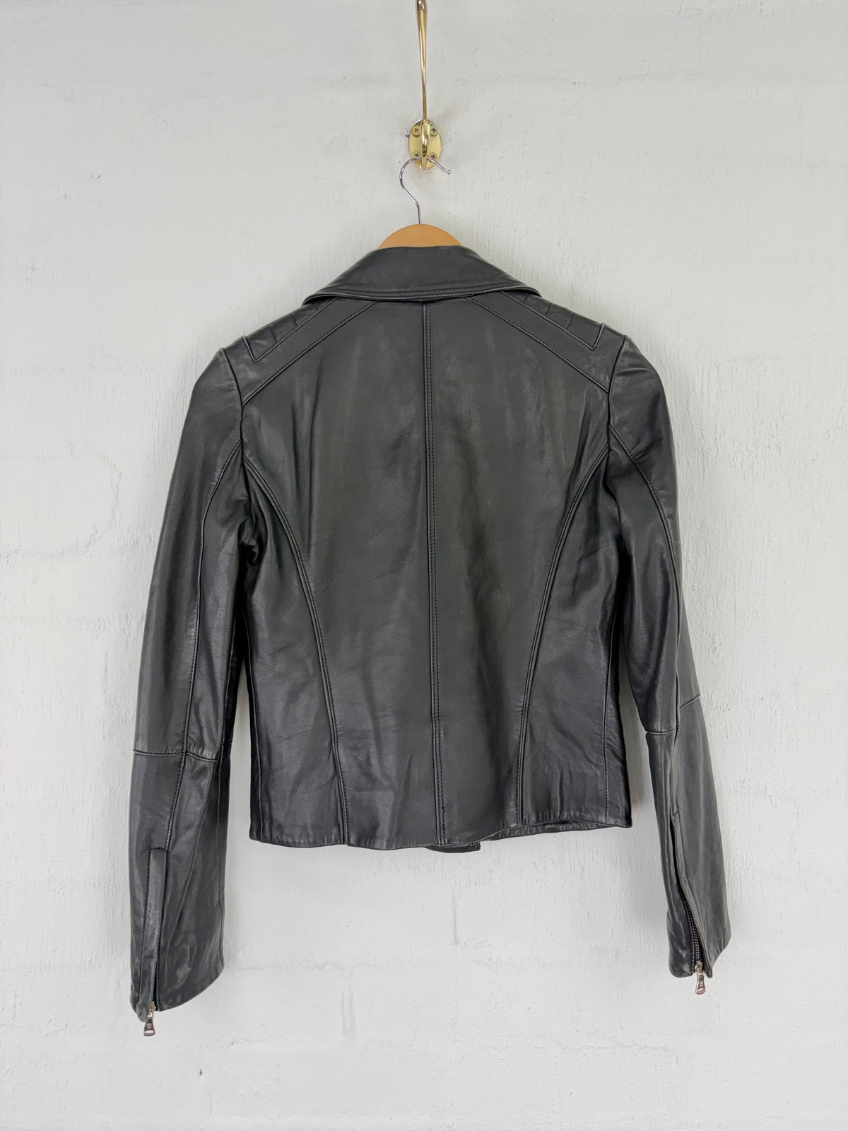 Massimo Dutti Black Leather Biker Jacket - AU4/6