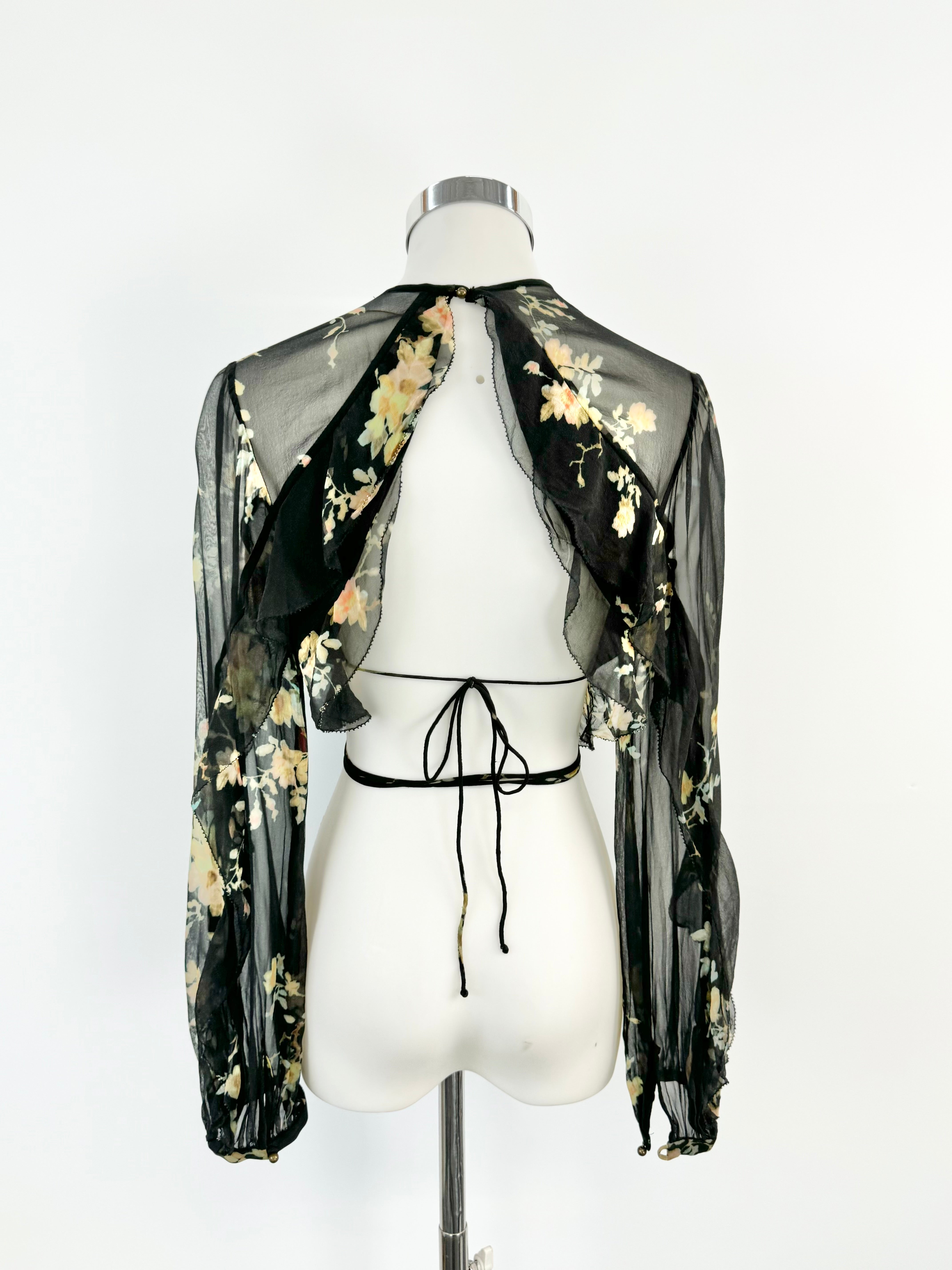 Zimmermann Sheer Black Floral Cropped Blouse - AU8/10