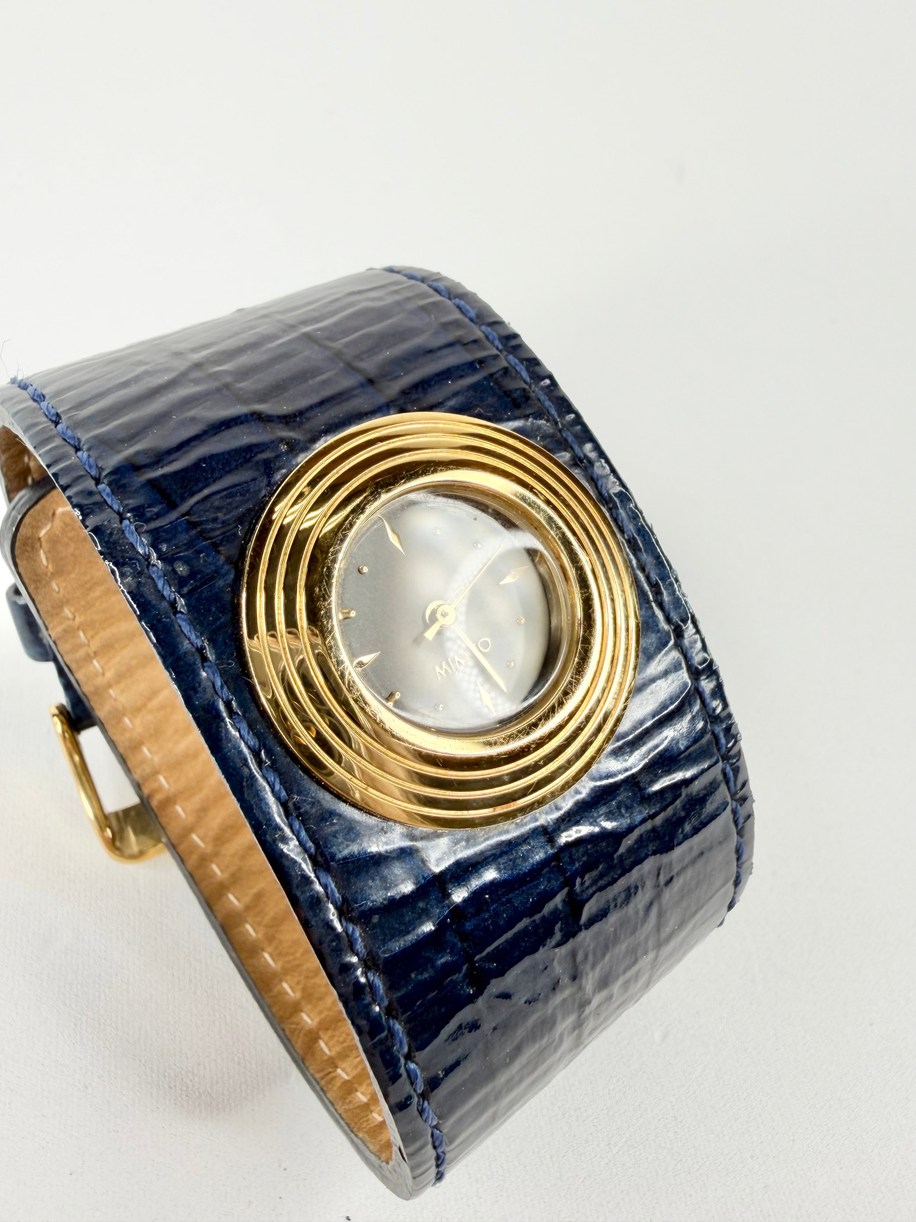 Mimco Navy Blue & Gold Leather Cuff Watch