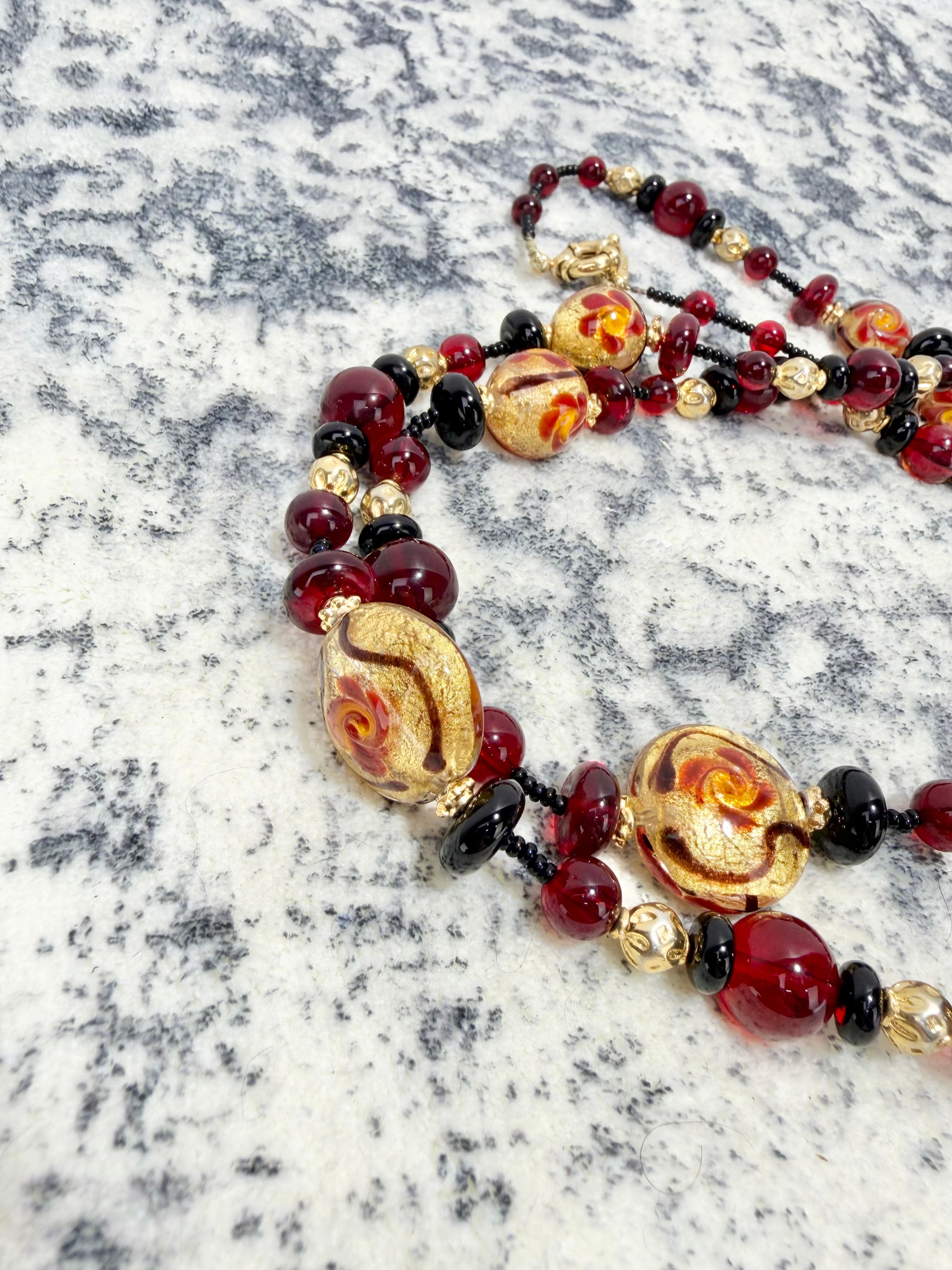 Antica Murrina Garnet Red & Metallic Gold Rose Pattern Glass Bead Necklace