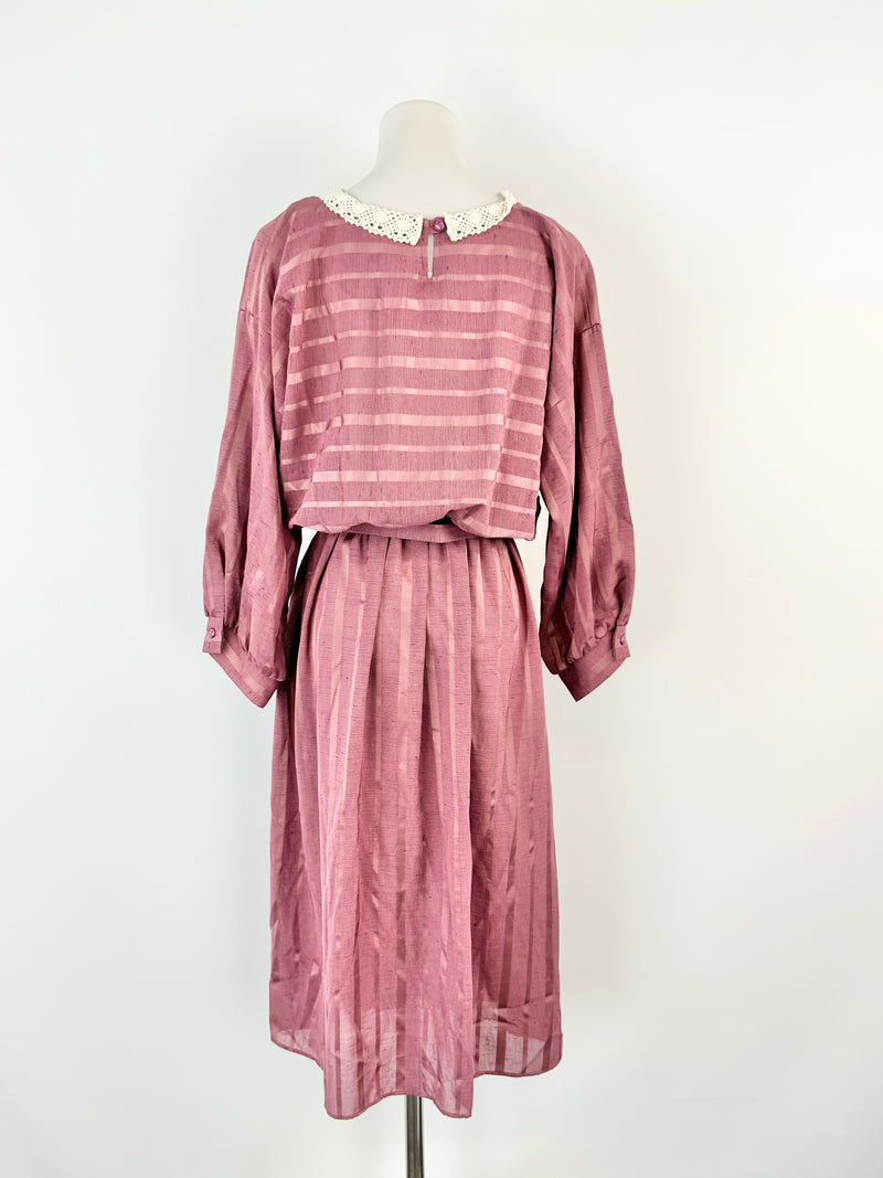 Vintage Norman Hartnell Deep Pink Crochet Neck Day Dress - AU12