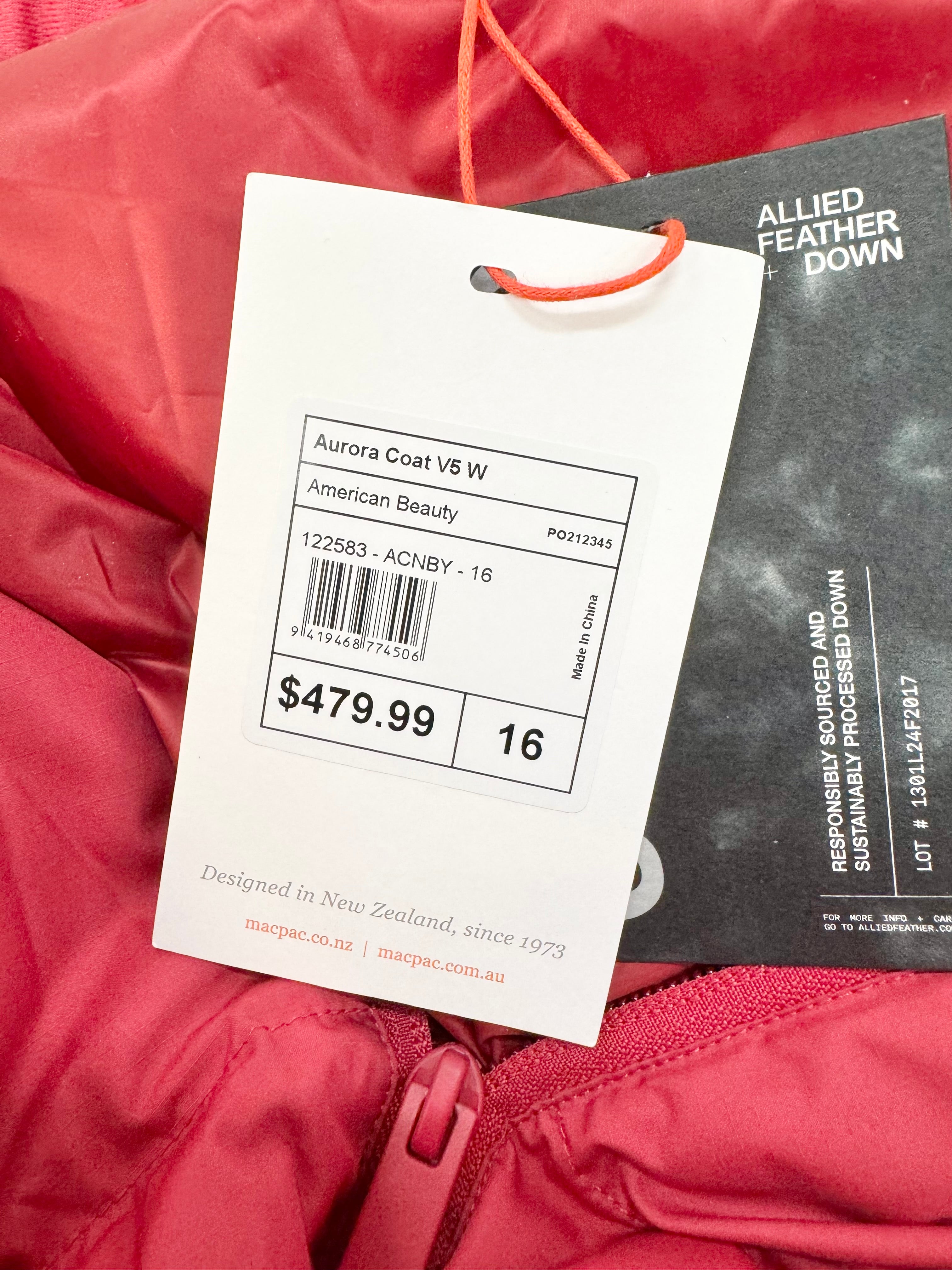 Macpac Rose Red ‘Aurora American Beauty’ Puffer Coat NWT - AU16
