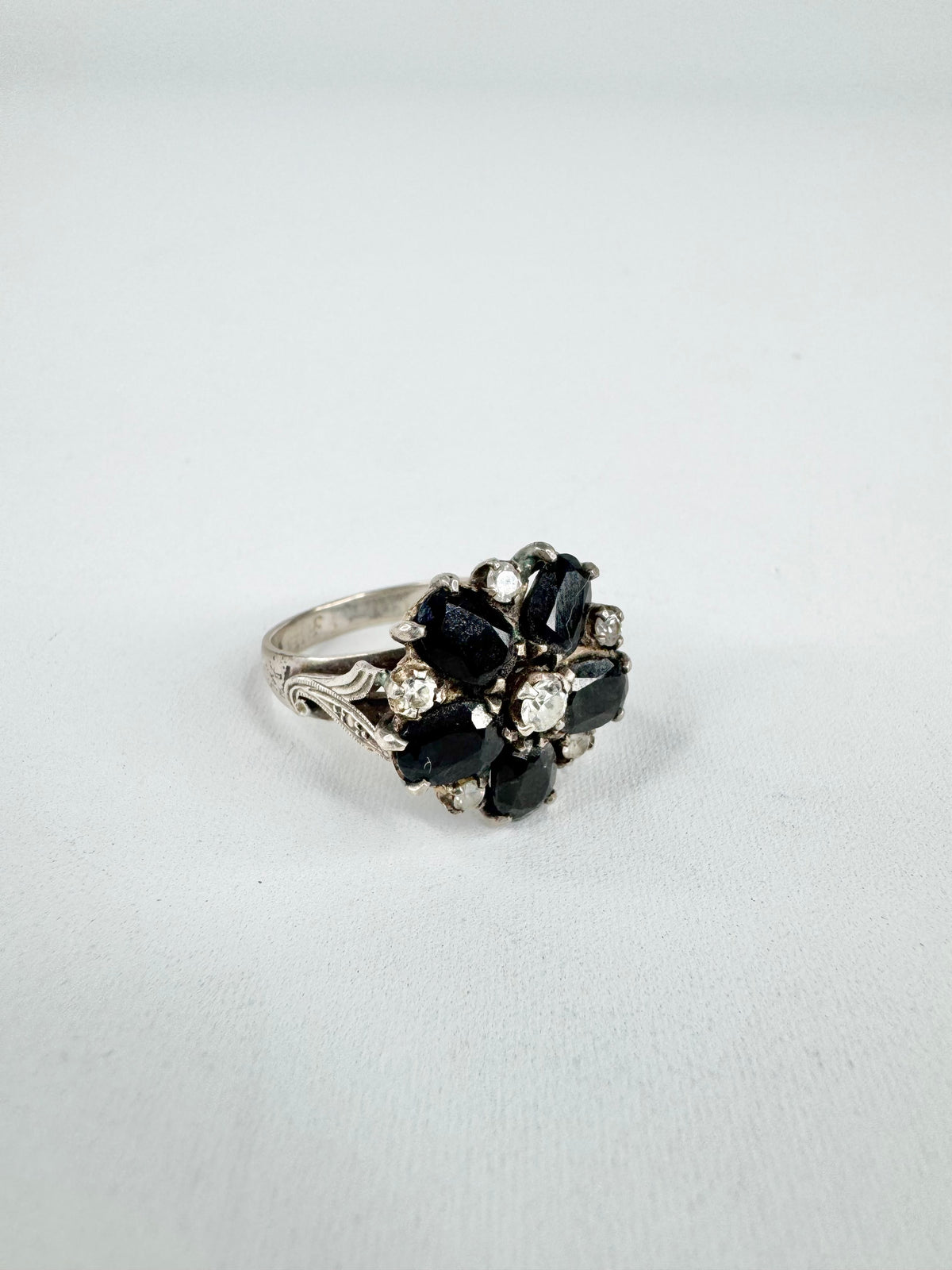 Vintage Silver Cubic Zirconia & Black Jewel Flower Ring