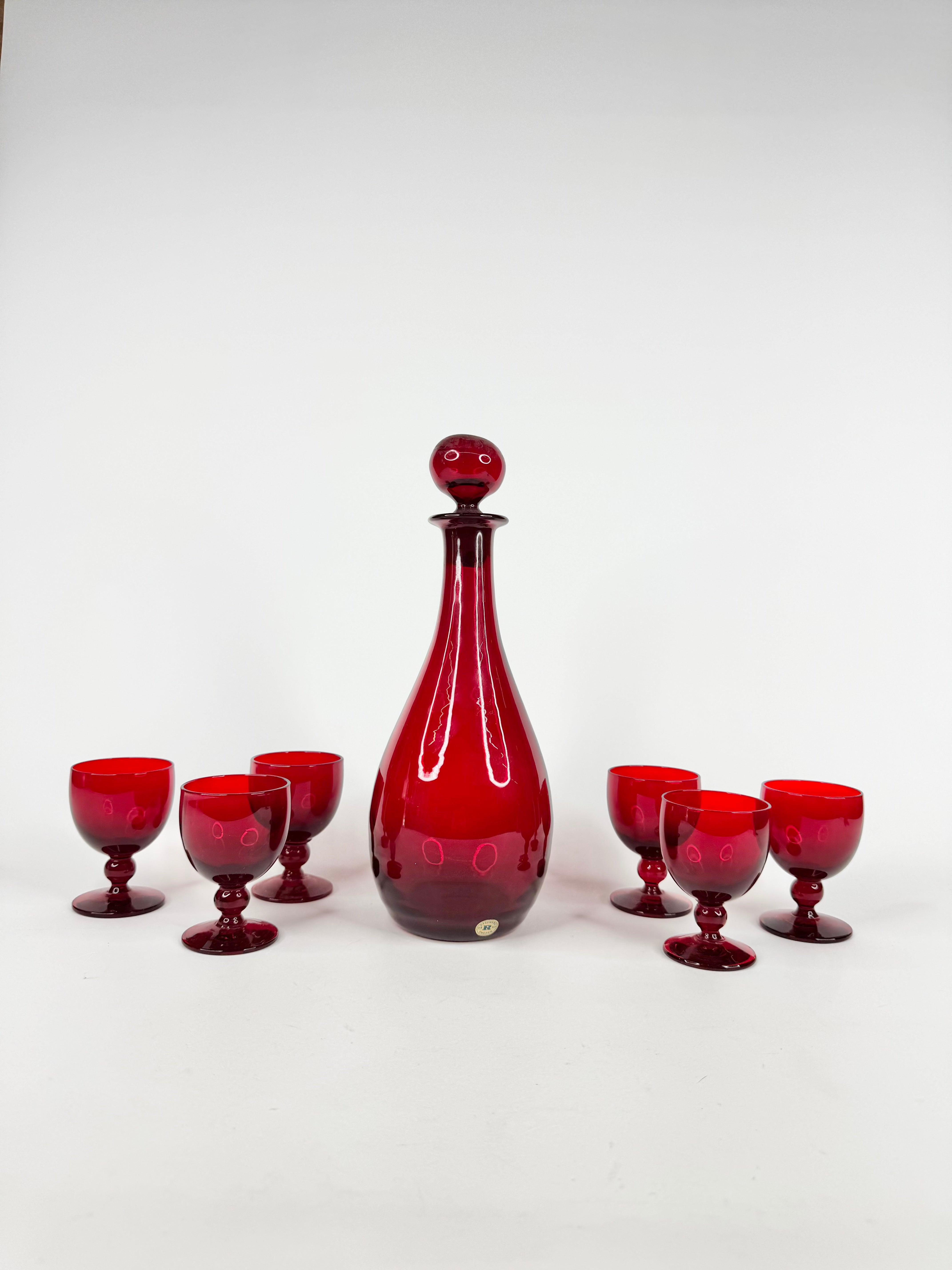Reijmyre of Sweden Red Glass Bottle and Six Port Glasses