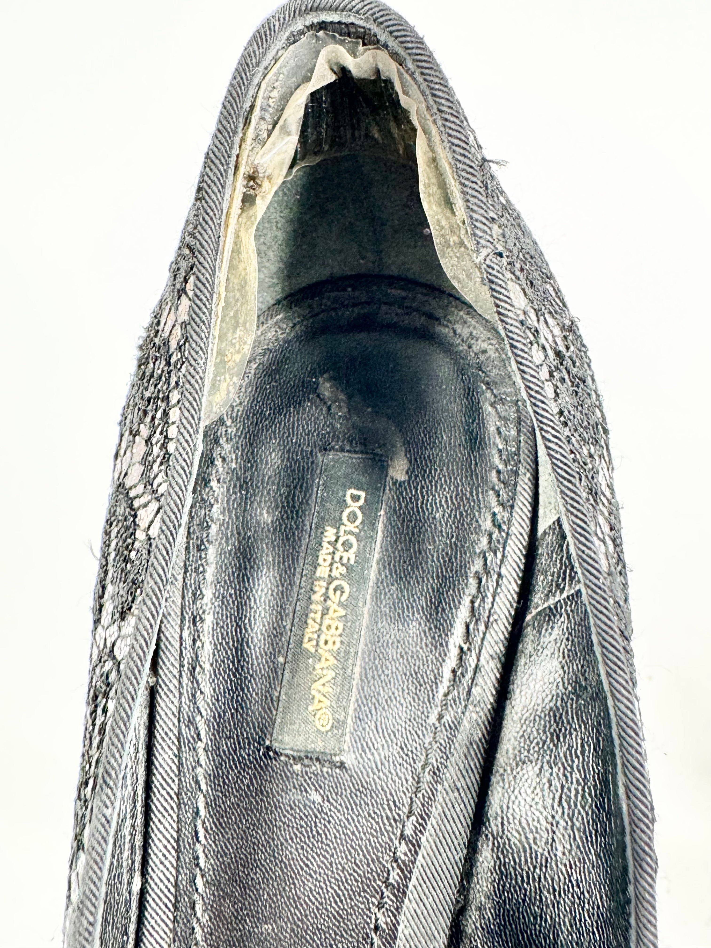 Dolce & Gabbana Silver & Black Squiggle Lace Patterned Stilettos - EU37