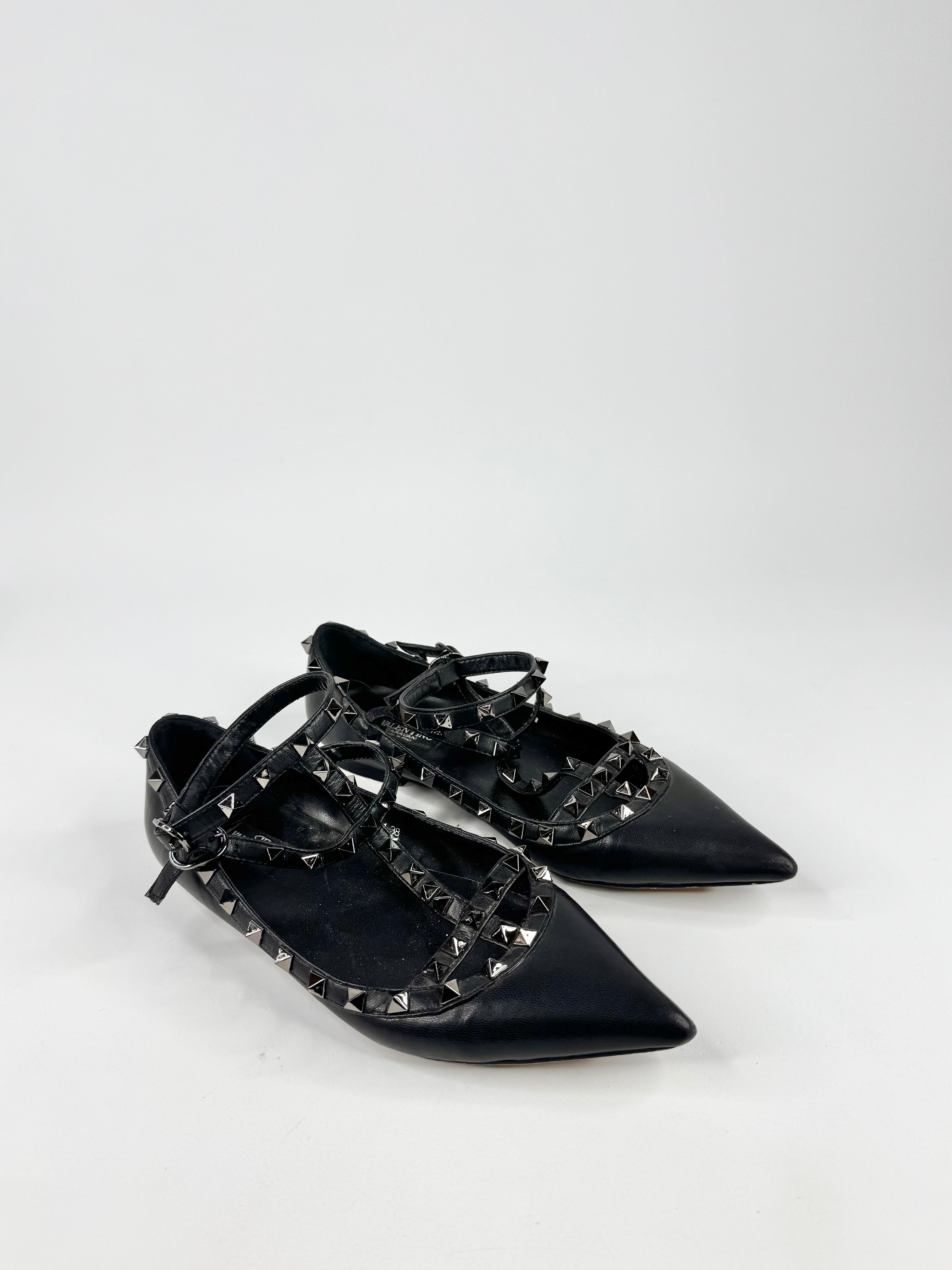 Valentino Garavani Black Leather 'Rockstud' Cage Flats - EU38