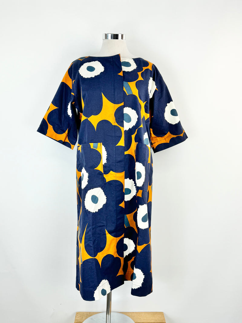Marimekko Blue & Deep Orange Tahtimo Unikko Maxi Dress - XL