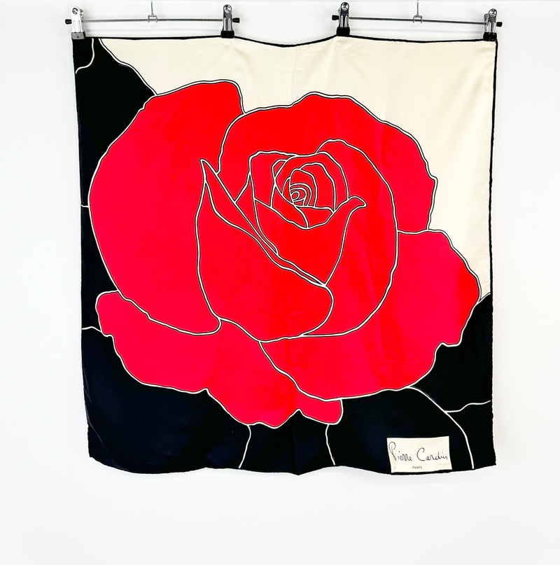 Vintage Pierre Cardin White, Black & Red Rose Scarf