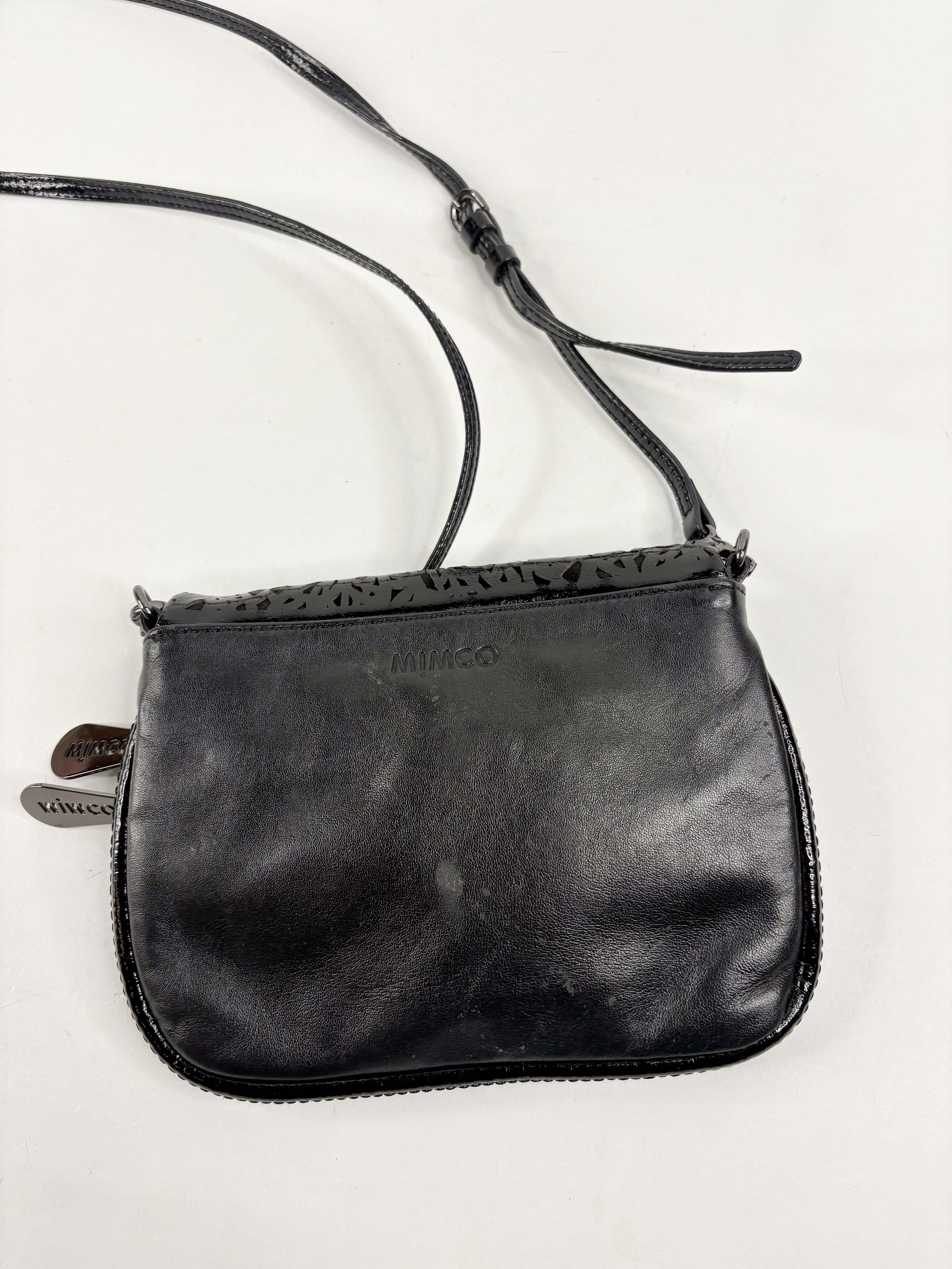 Mimco Black Quilted & Laser Cut Leather Mini Crossbody Bag