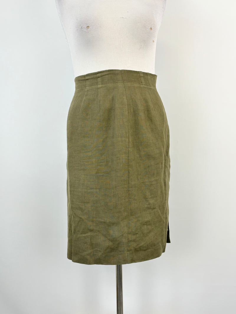 Vintage 80s Synonyme Georges Rech Olive Green Linen Midi Skirt - AU10/12