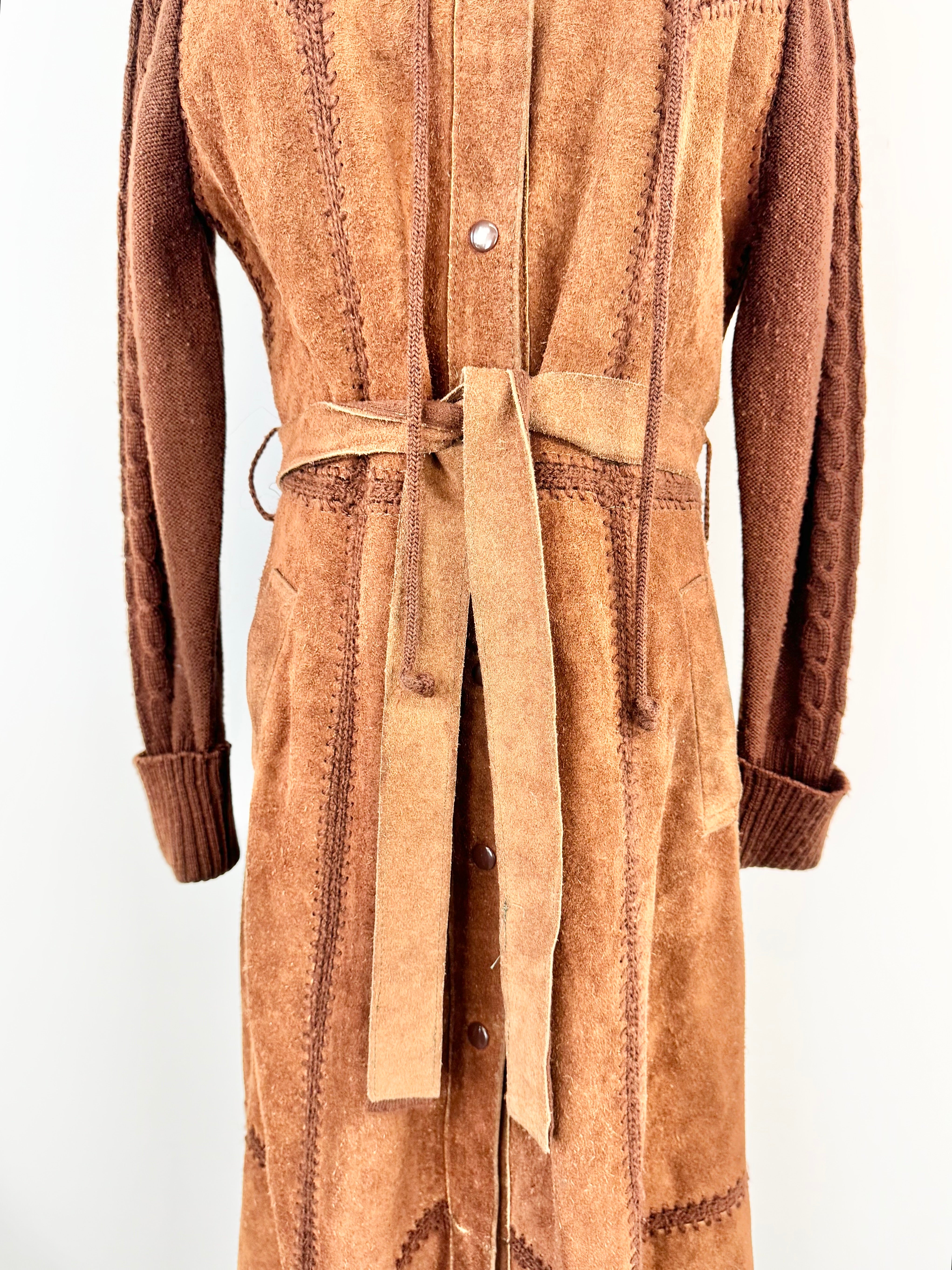 Vintage Suede & Knit Hooded Whipstitch Tan Coat - AU8/10