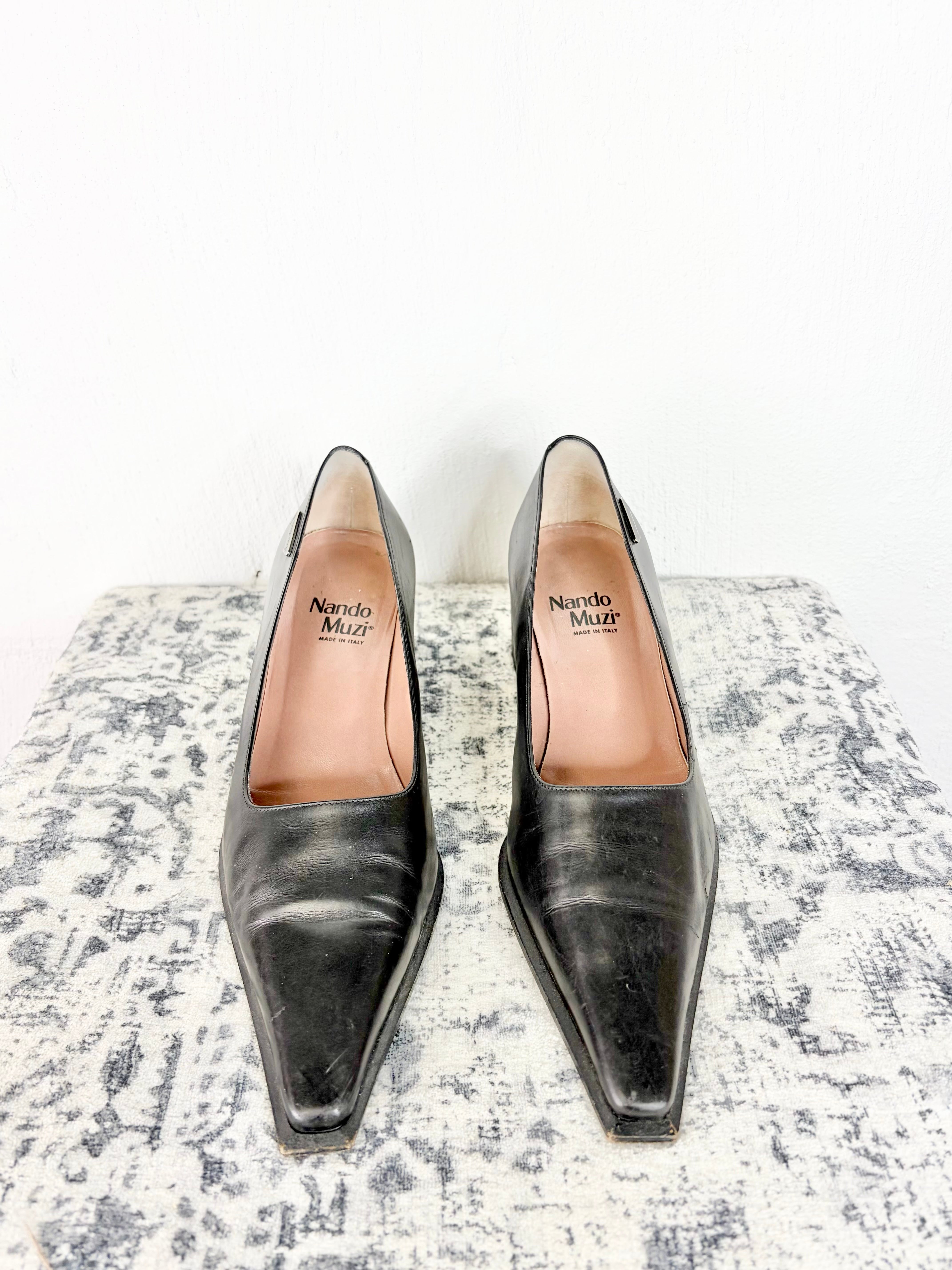 Nando Muzi Long Black Pointed Toe Block Heels - EU38