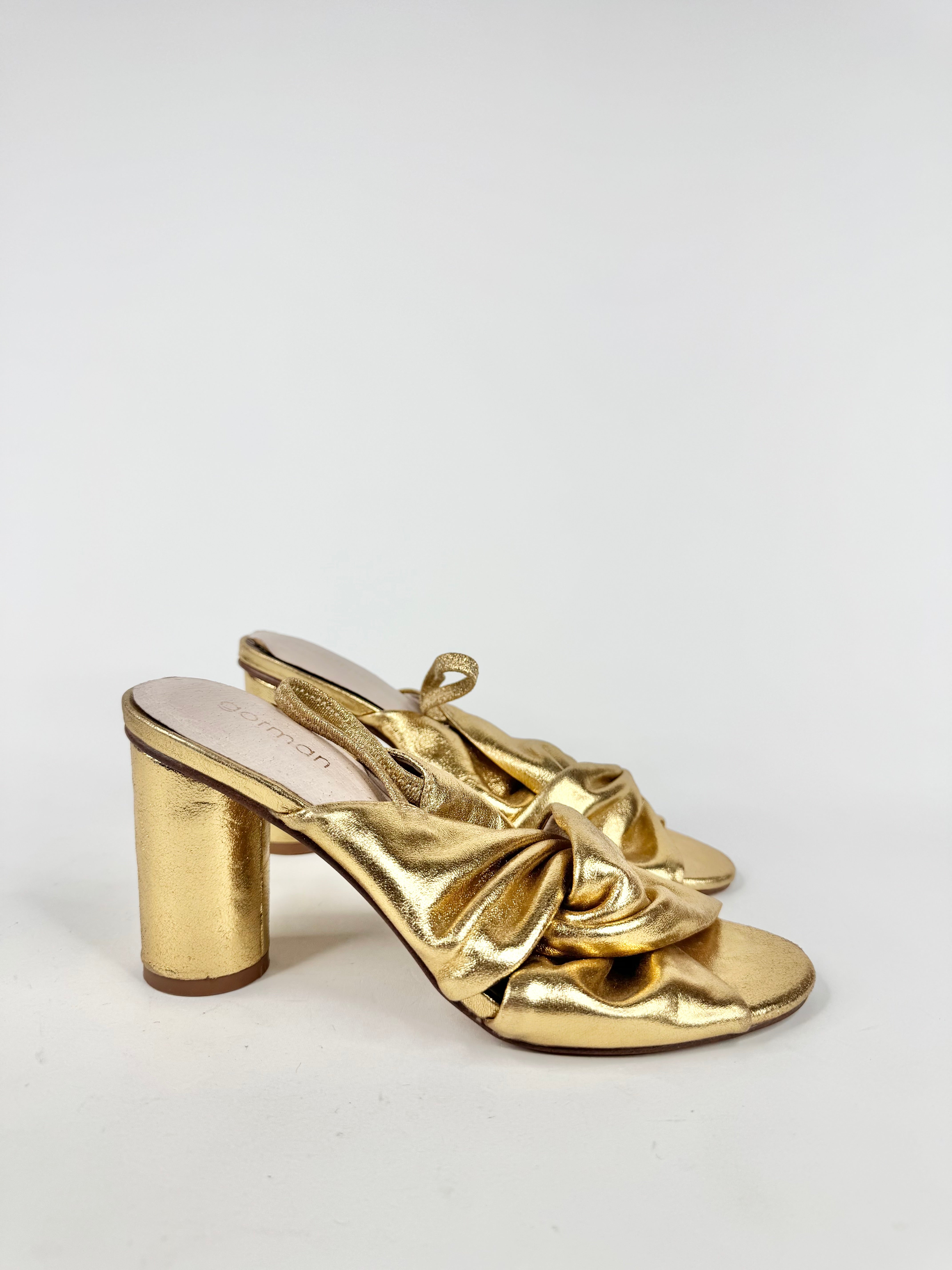 Gorman Metallic Gold Leather Knotted Bloc Heels - EU38